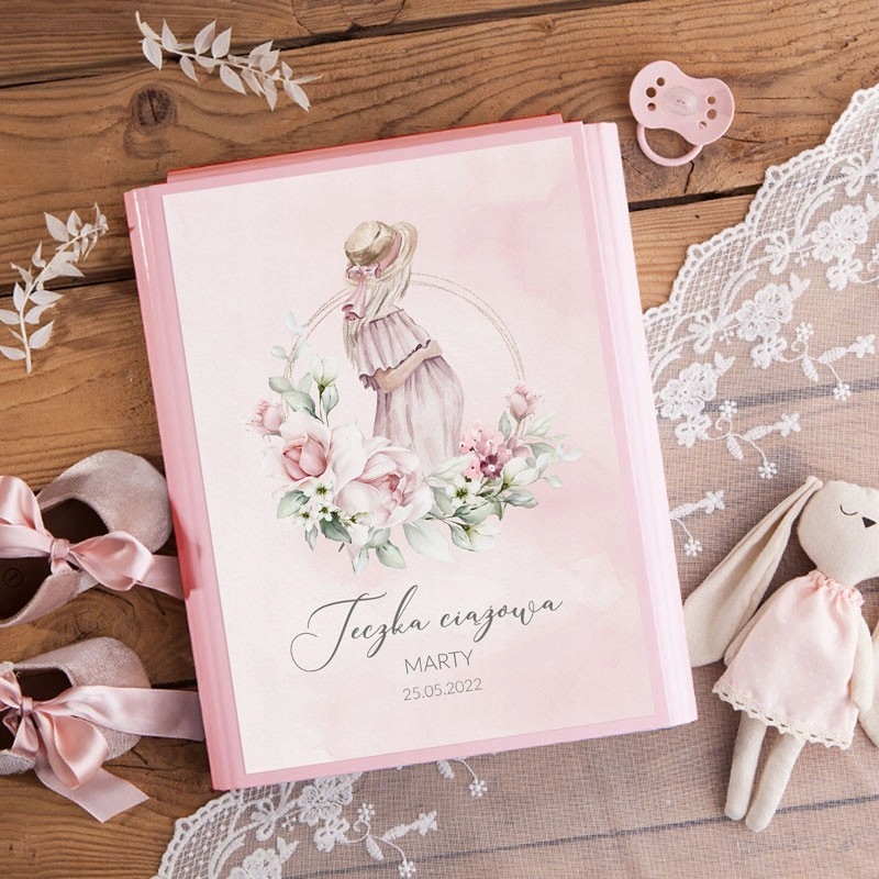 TECZKA ciążowa na dokumenty, USG Z IMIENIEM Różowe Kwiaty Różowa Marka Sklepykoka