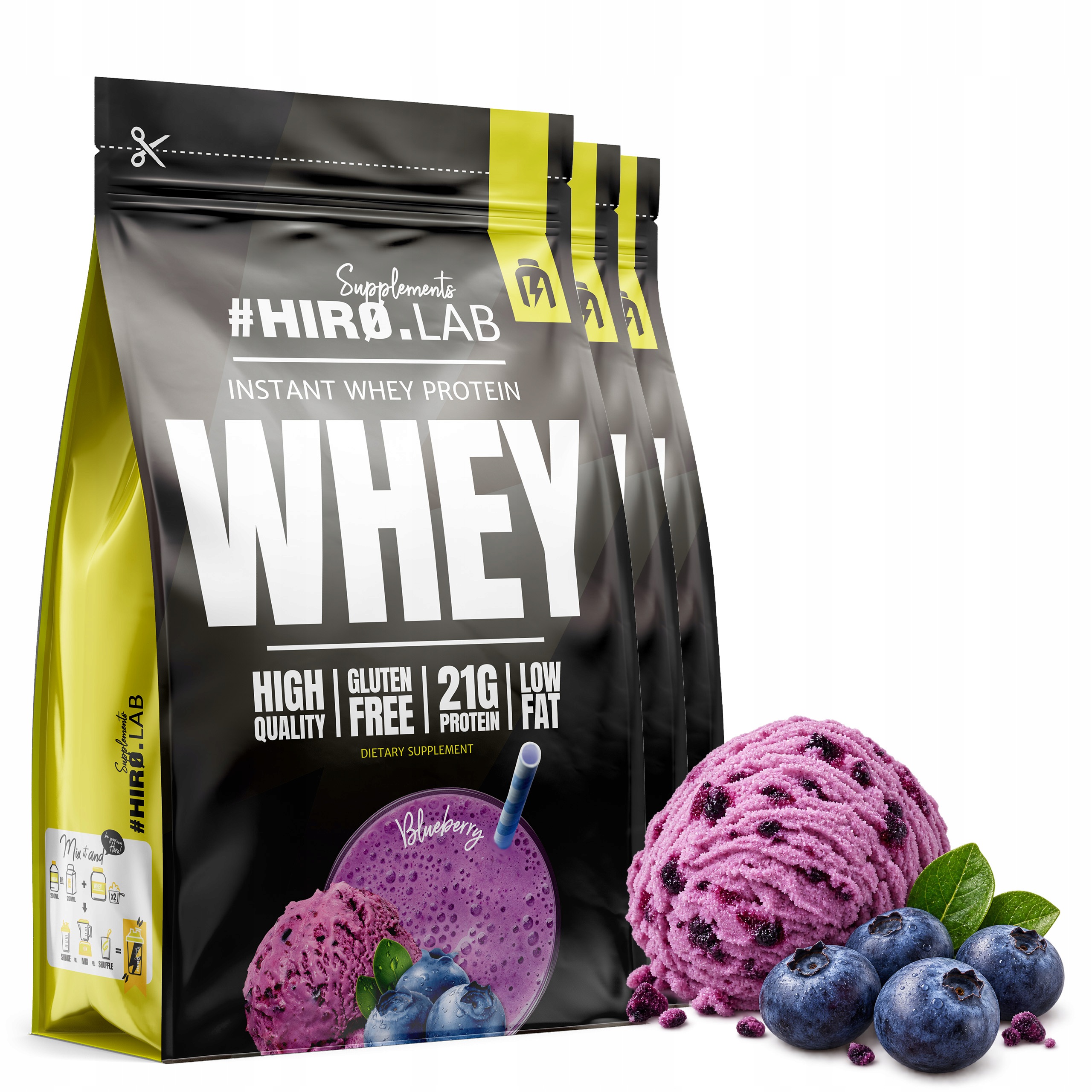 3x Wpc Instant Whey Protein syrovátkový doplněk stravy 750 g Hiro borůvka