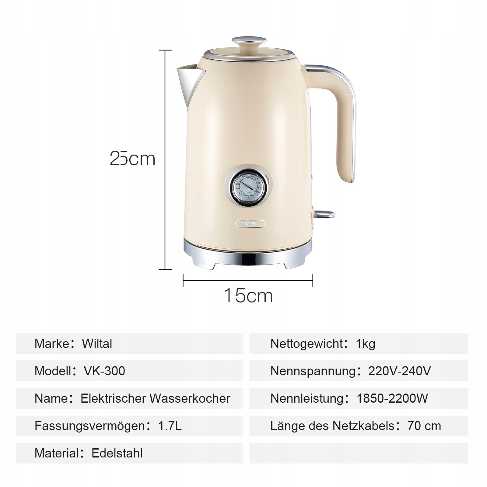 WILTAL Zestaw Retro Czajnik 1,7L 2200W Kremowy Stalowy Z Termometrem — miniatura 7