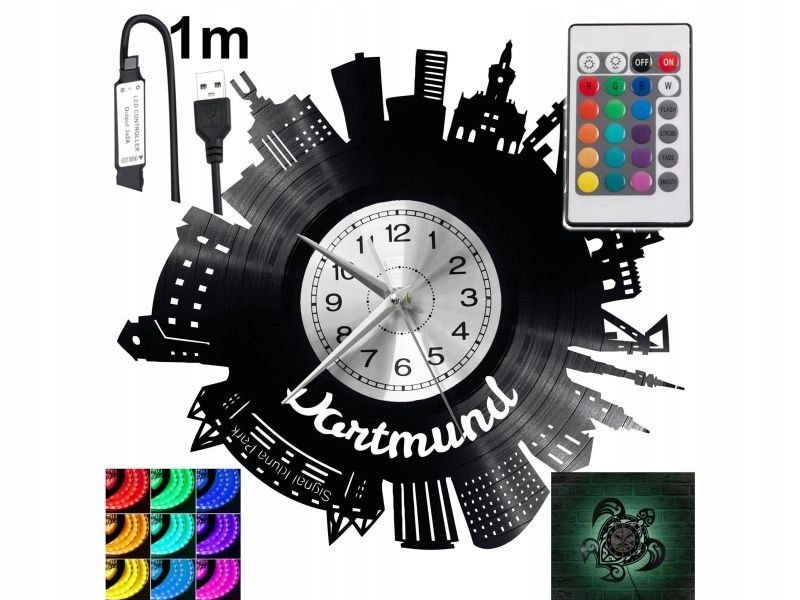 Dortmund Nástěnné hodiny podsvícené Led Rgb na dálkové ovládání Vinylová deska Nowocz
