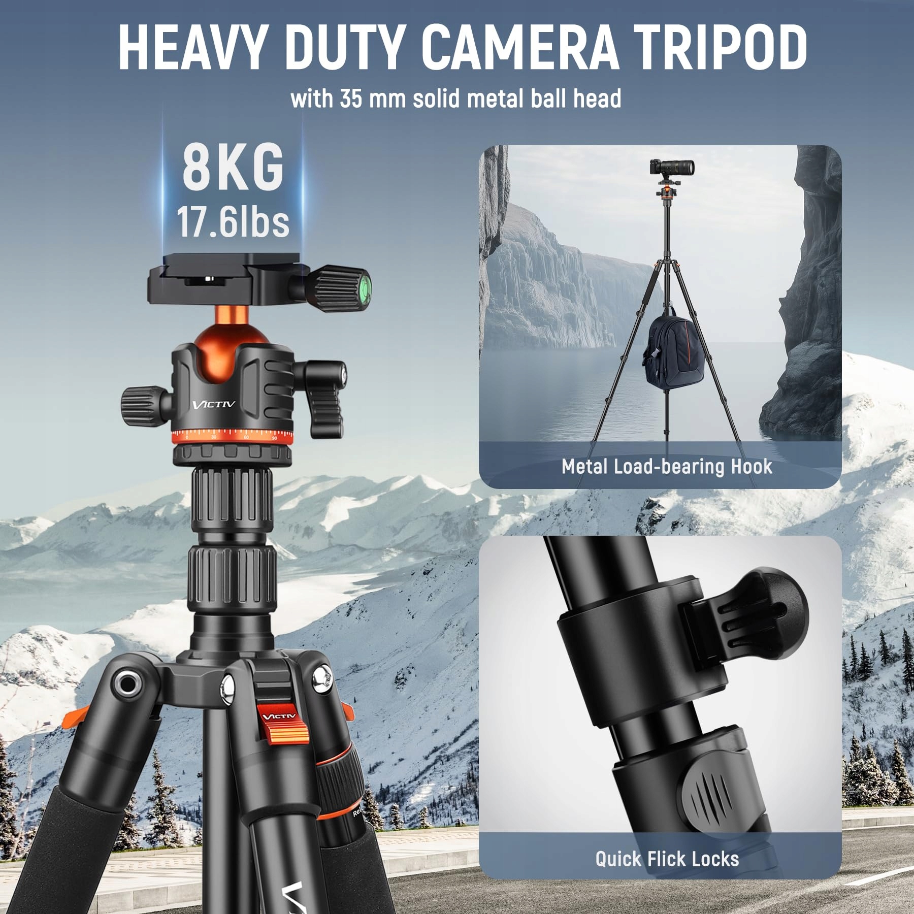 VICTIV Statyw Kamera 198cm Aluminiowy Statyw Podróżny DSLR iPhone — miniatura 6