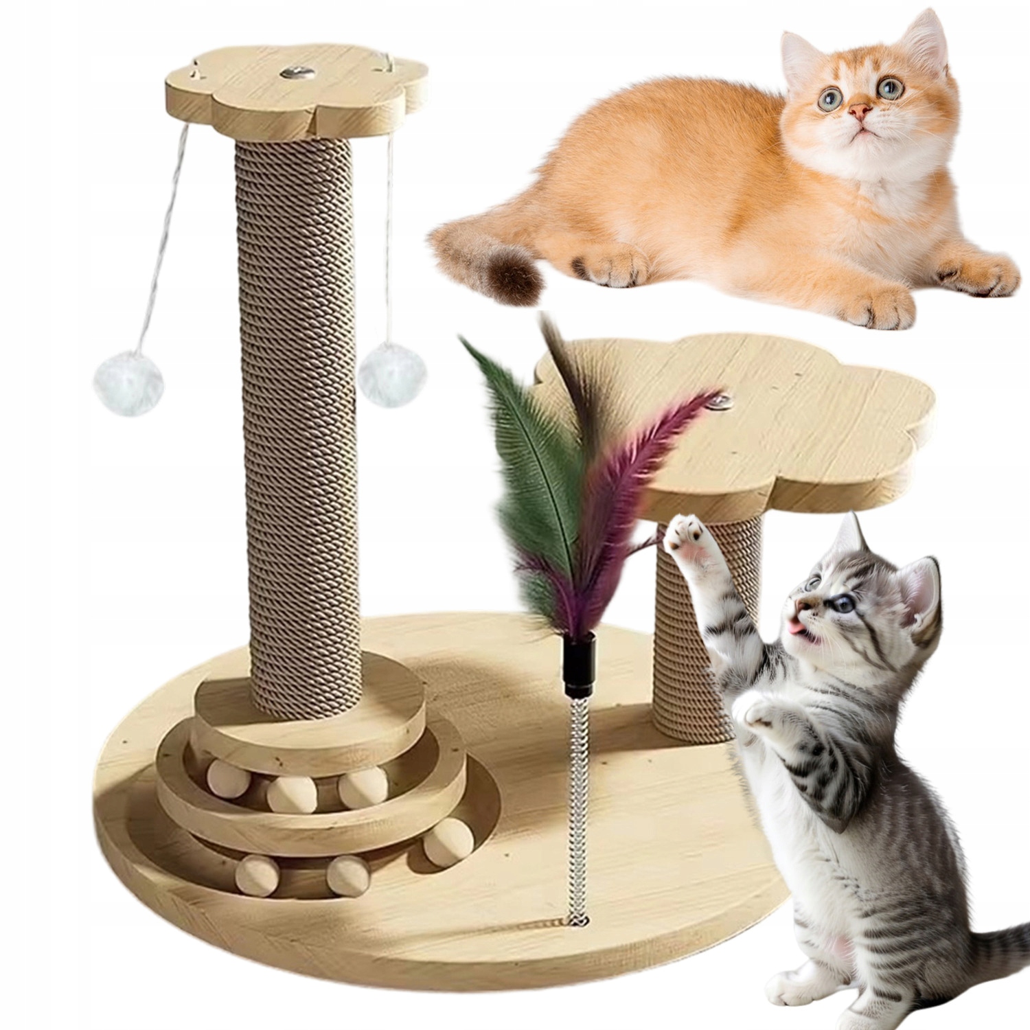 Levně 4V1 Škrabadlo Pro Kočky Sloupek Pelíšek Interaktivní Věž Hračka 39 CM