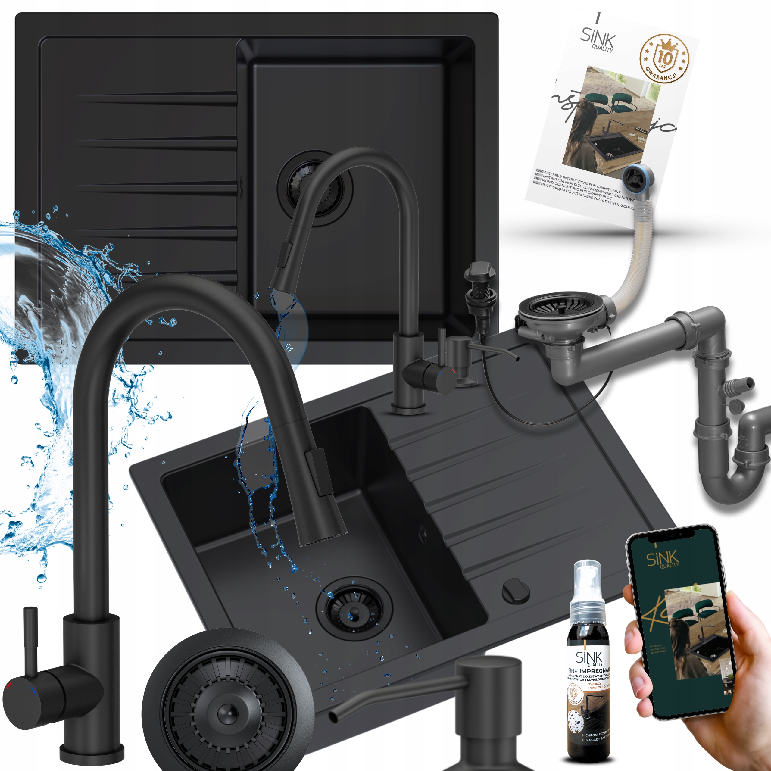 Granitový Dřez Černý Kuchyňská Baterie Sifon Automat Dávkovač 9v1