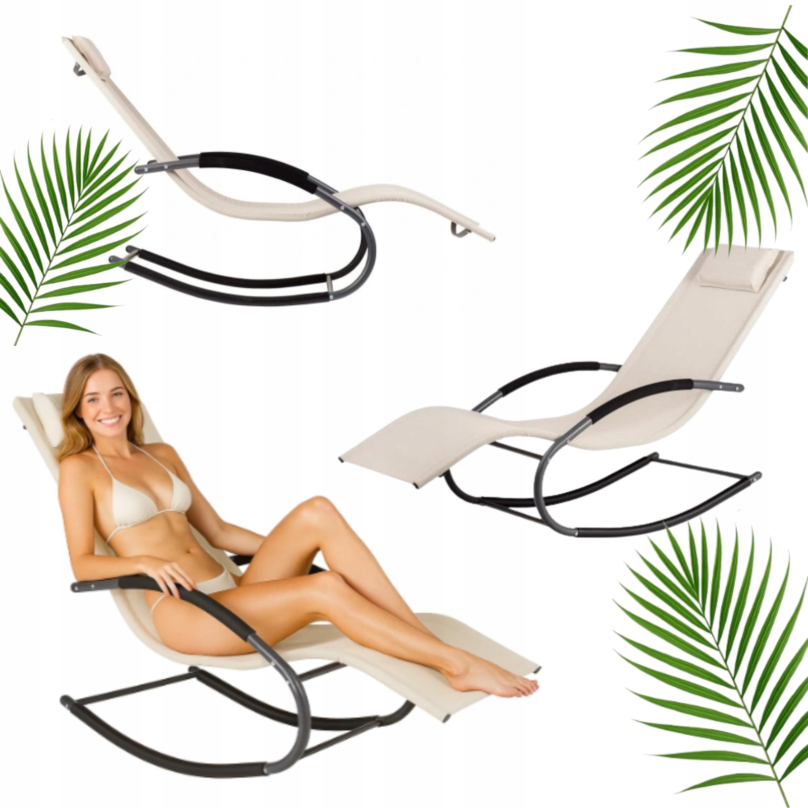 Leżak Ogrodowy Leżanka Fotel Bujany Beżowy Ogrodowy Plażowy Na Biegunach