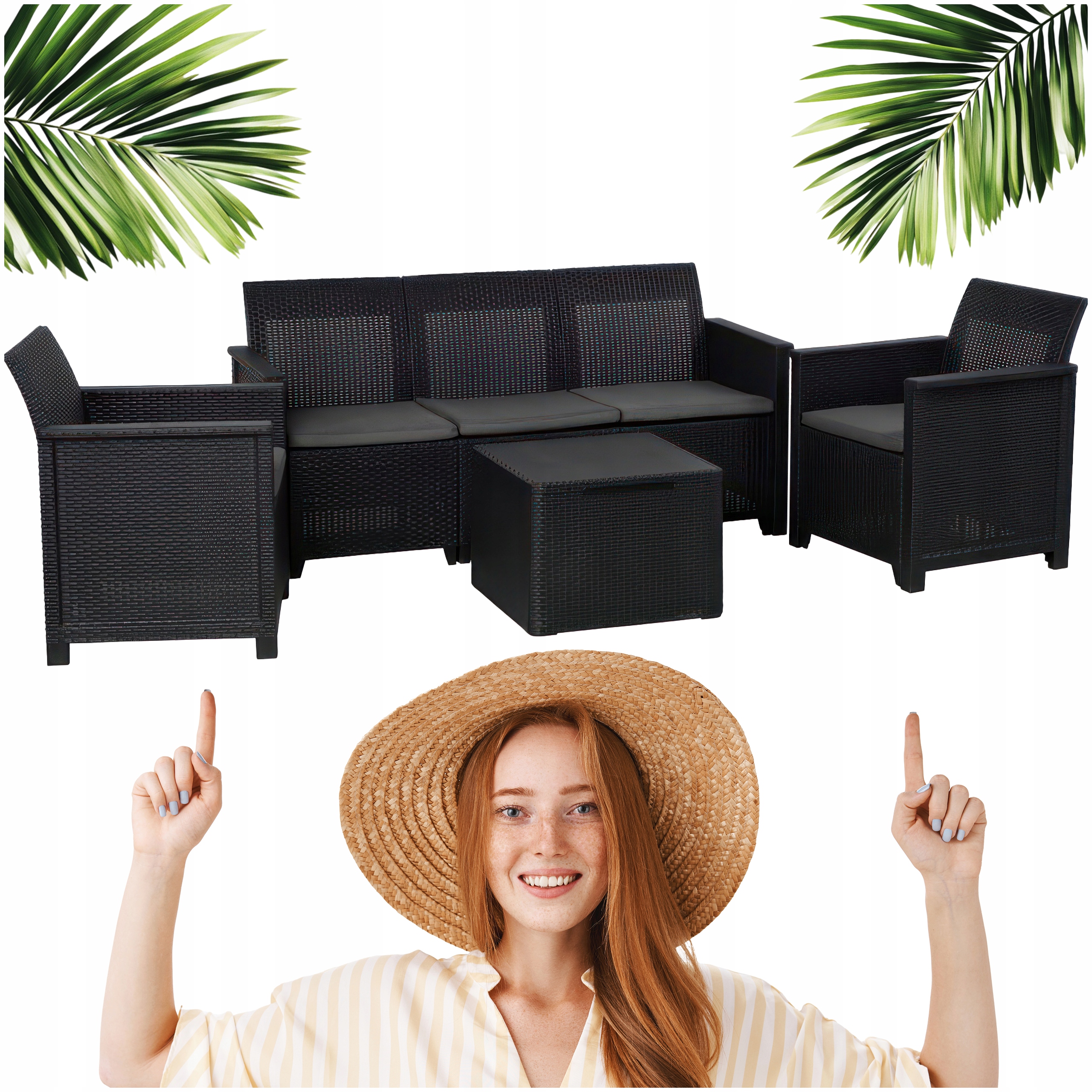MEBLE OGRODOWE SOFA + 2 FOTELE + STOLIK + PODUCHY Zestaw ELODIE 5os. GRAFIT