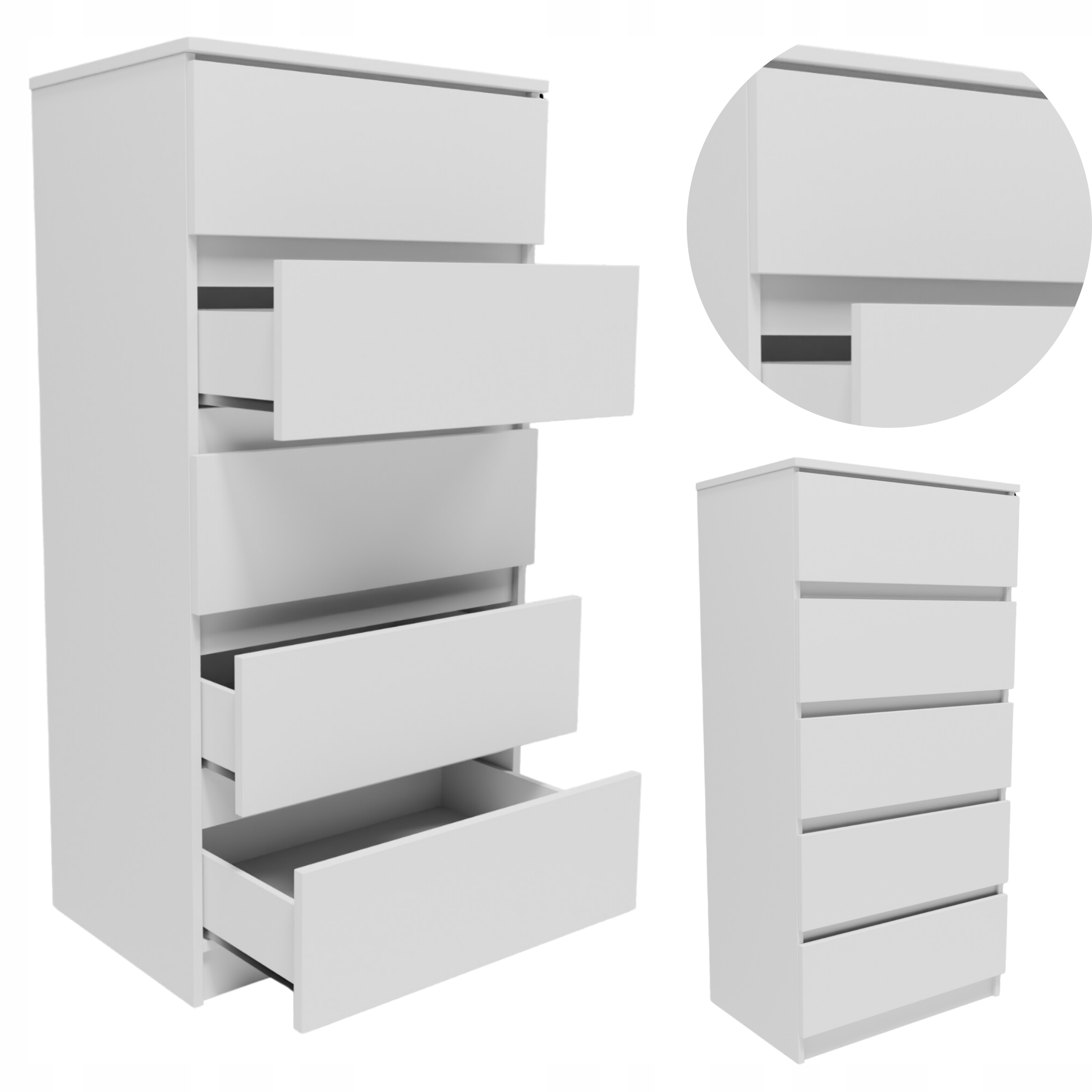 Komoda K605BIA bílá vysoká skříňka 5 zásuvek regál na oblečení hračky