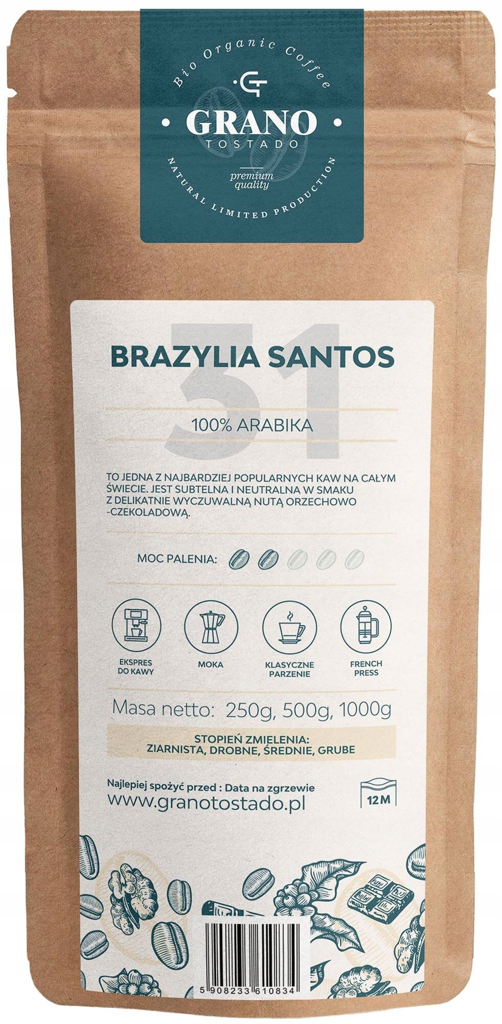 Kawa ziarnista Arabica Grano Tostado Brazylia Santos 31 )1000 g