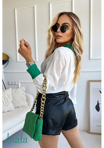 ELEGANCKA KOSZULA DAMSKA bluzka naszywka kołnierzyk mankiet Kolor biały