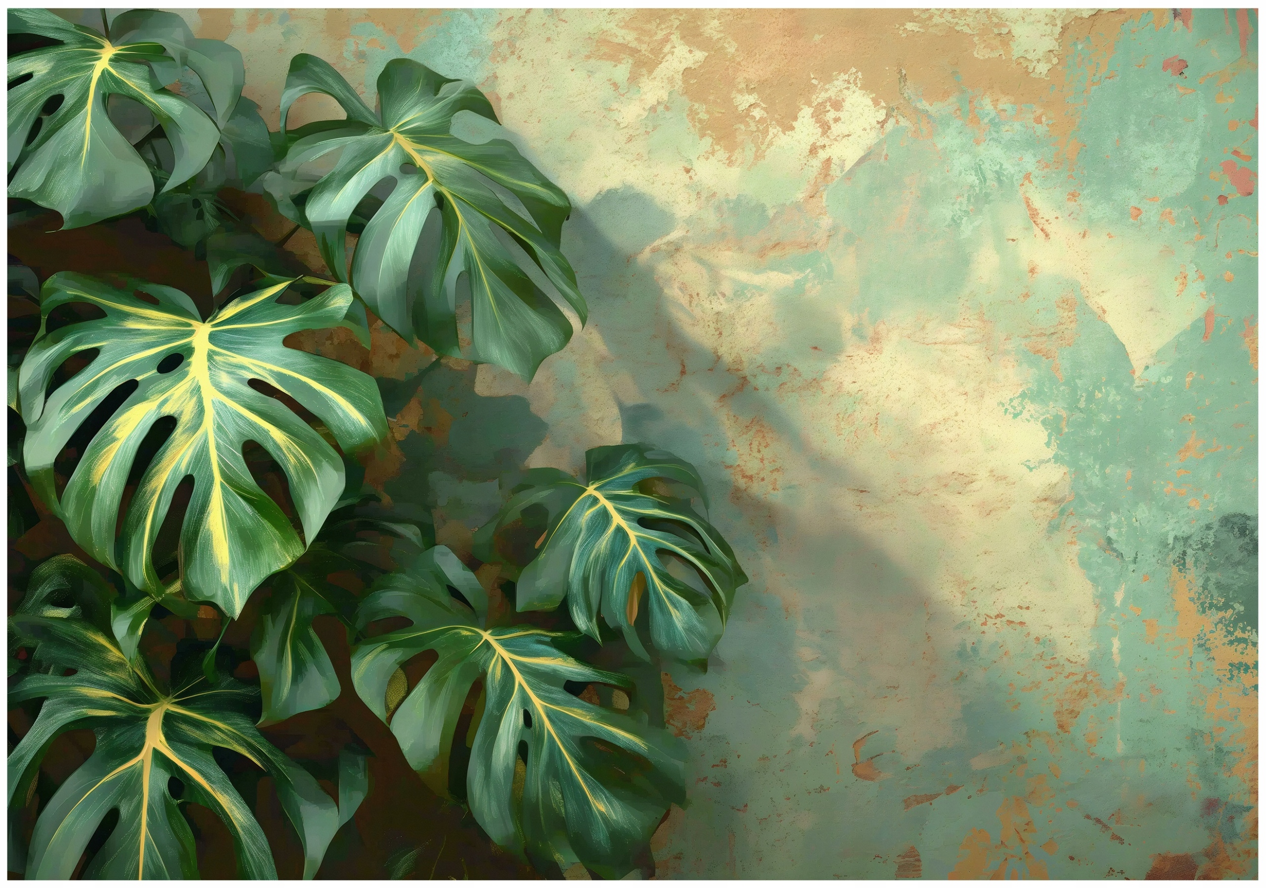 Fototapeta Zelené Listy Monstera Beton Imitácia Omietka Starý Mur 400x280