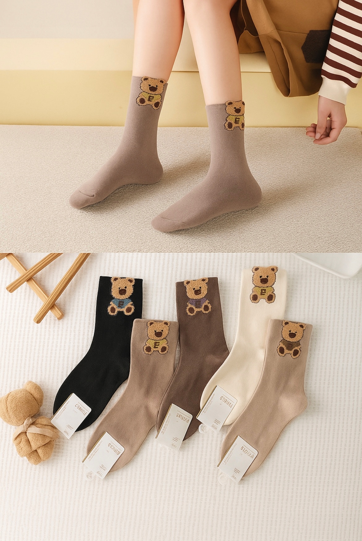 MIX 5 Ks Vlna Ponožky dámské medvídek teplé pohodlné měkké 39-42
