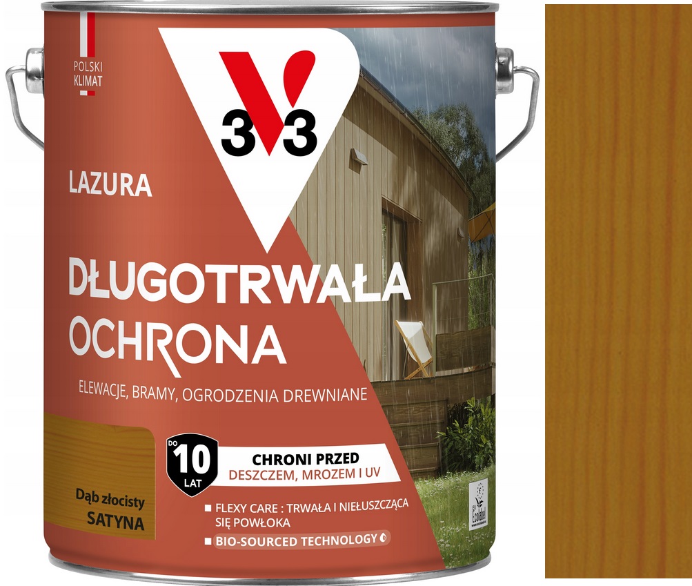 V33 Lazura 10 Lat Długotrwała Ochrona Drewna Dąb Złocisty 4.5L