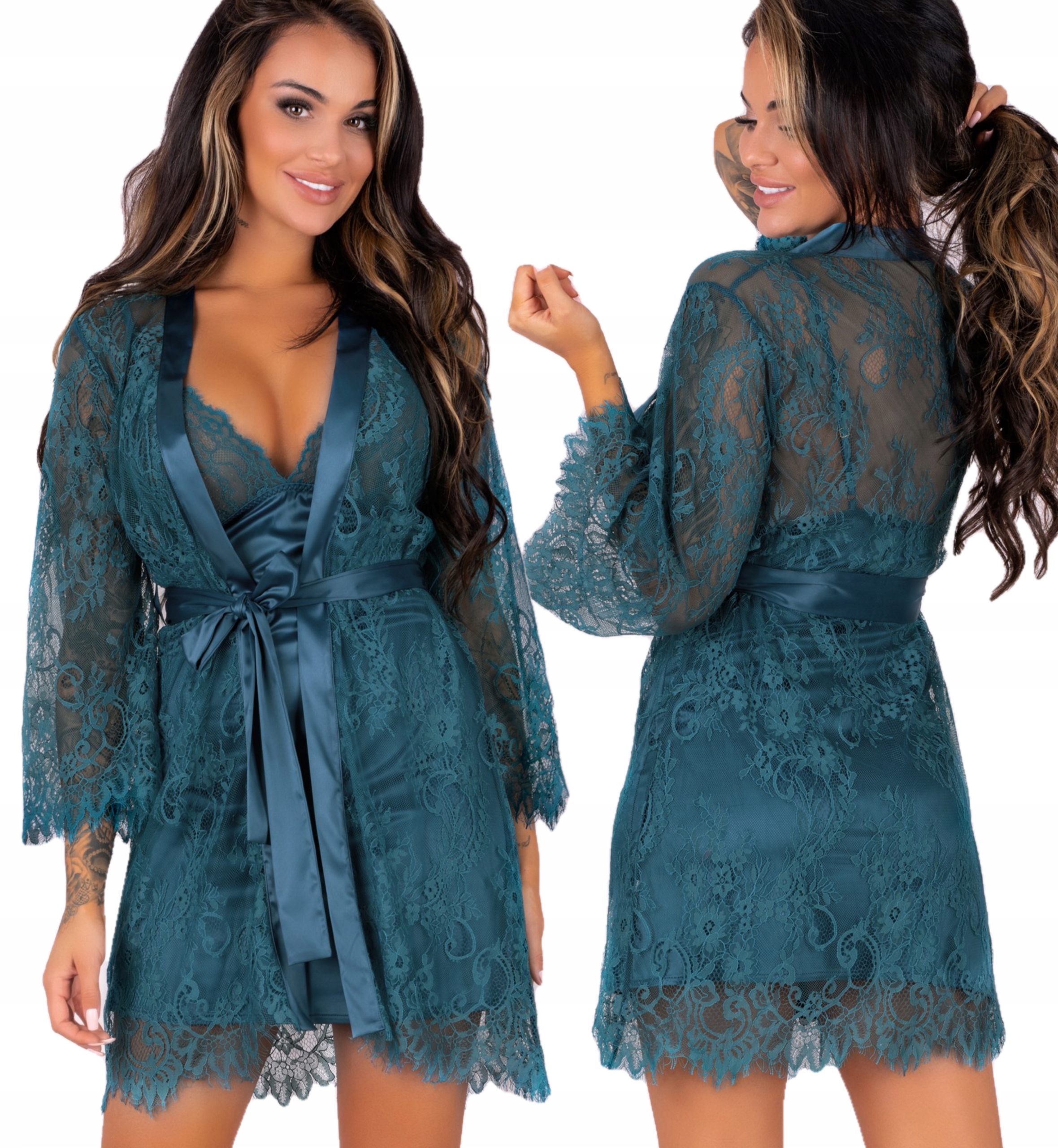 SEXY Komplet 2cz. Wiązany SZLAFROK koronkowy+KOSZULKA 36/38 Morska Zieleń Marka Livia Corsetti