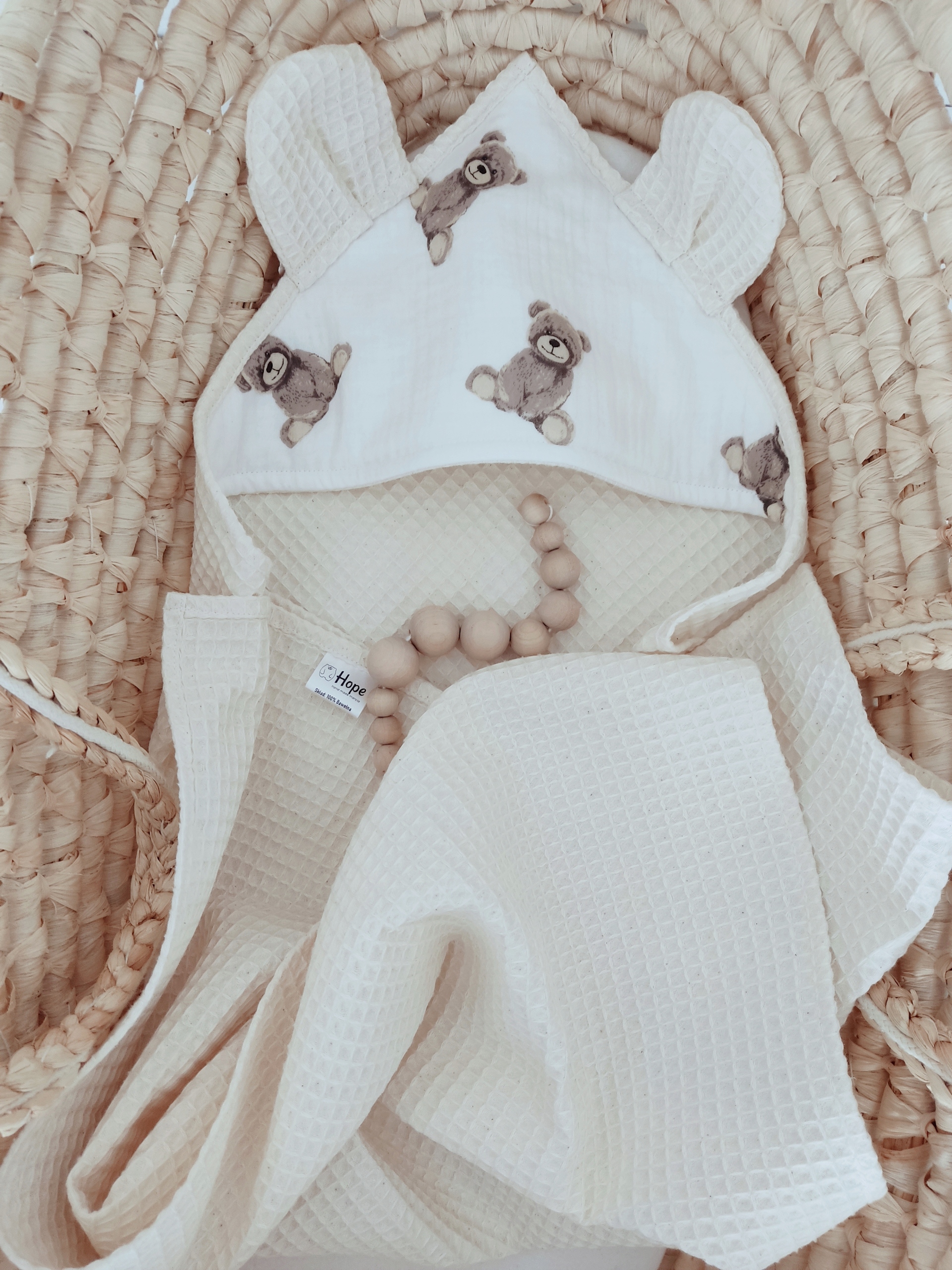 RĘCZNIK Z KAPTURKIEM WAFEL DLA DZIECI NIEMOWLĄT 75x75, muślin misie Kod producenta 0000375641989