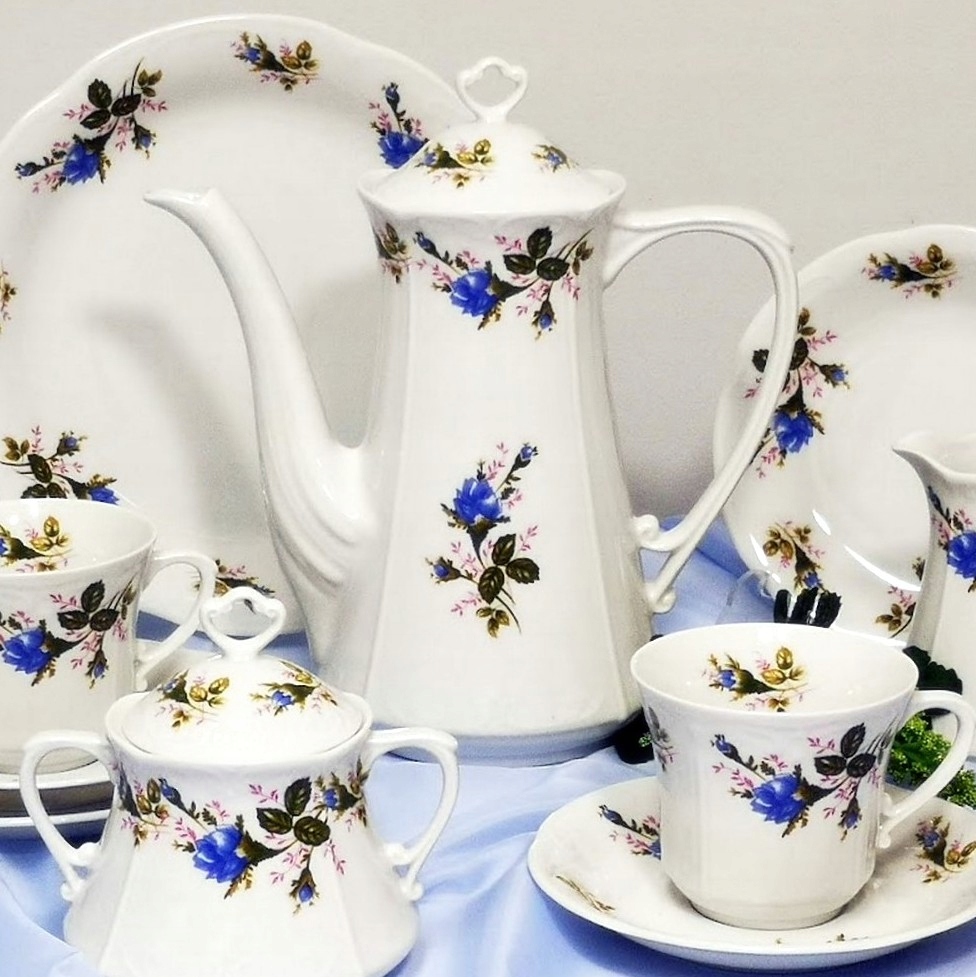 400 Serwis Kawowy 12/39 Niebieska Róża Kamelia Chodzież Malcer Porcelana