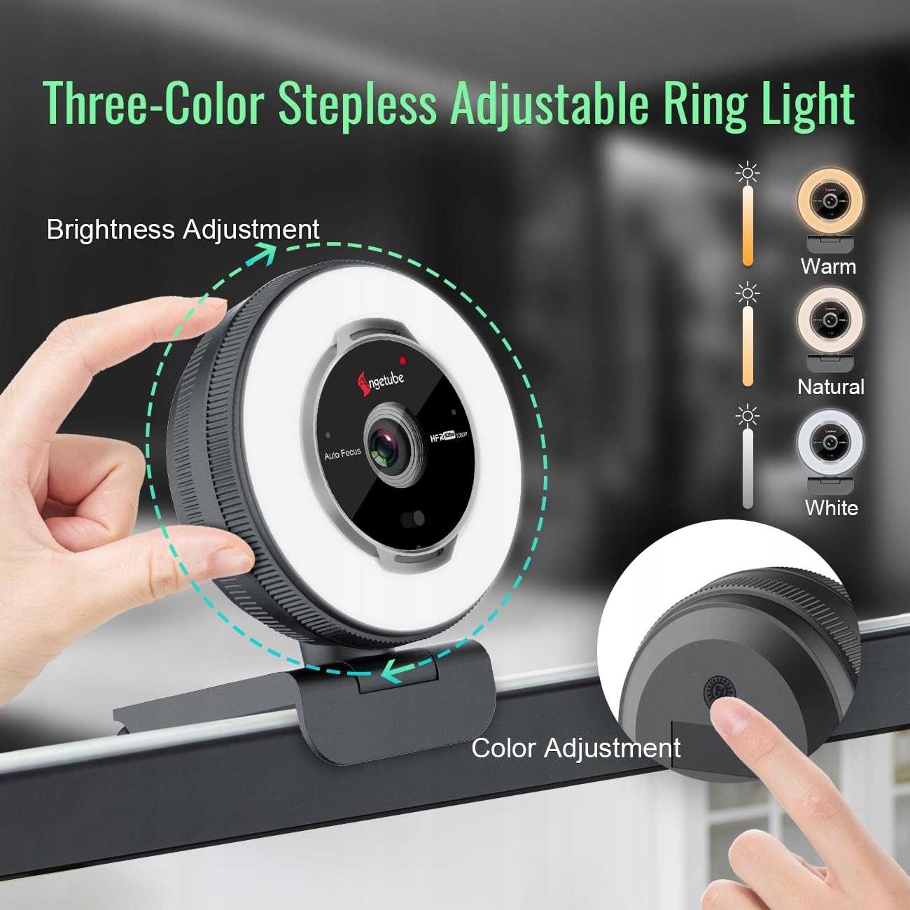 ANGETUBE Kamera 1080P 60FPS z Ring Light Zoom 5X Mikrofony PC Laptop Mac — miniatura 2
