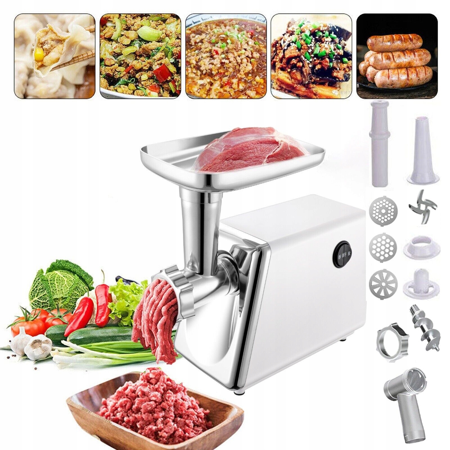 Elektrický Mlýnek Na Maso Výkonný 800 W 3 Síta Tryska Na Klobásy