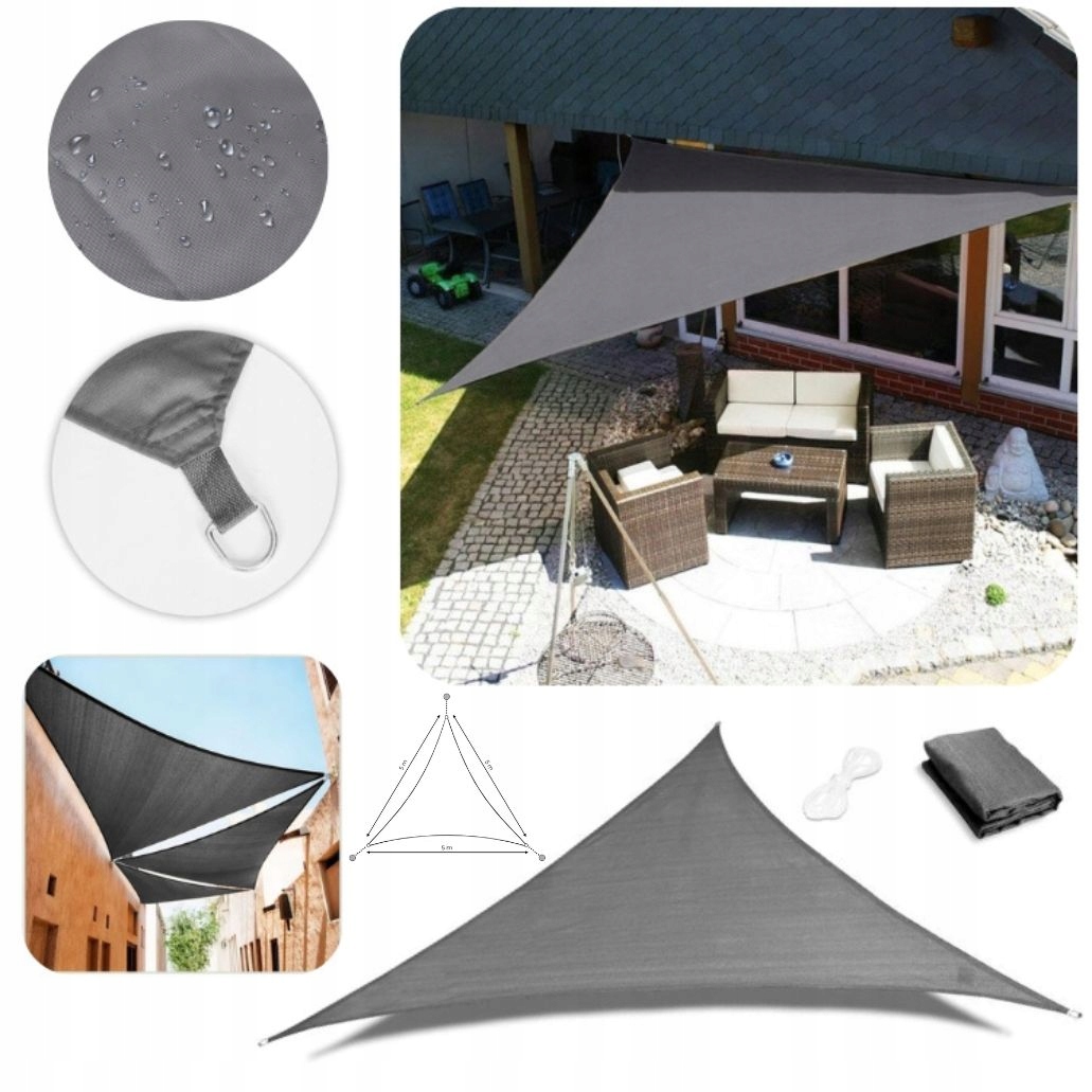 Żagiel Przeciwsłoneczny 5x5x5m Wodoodporny Szary Taras Ogród Balkon Uv