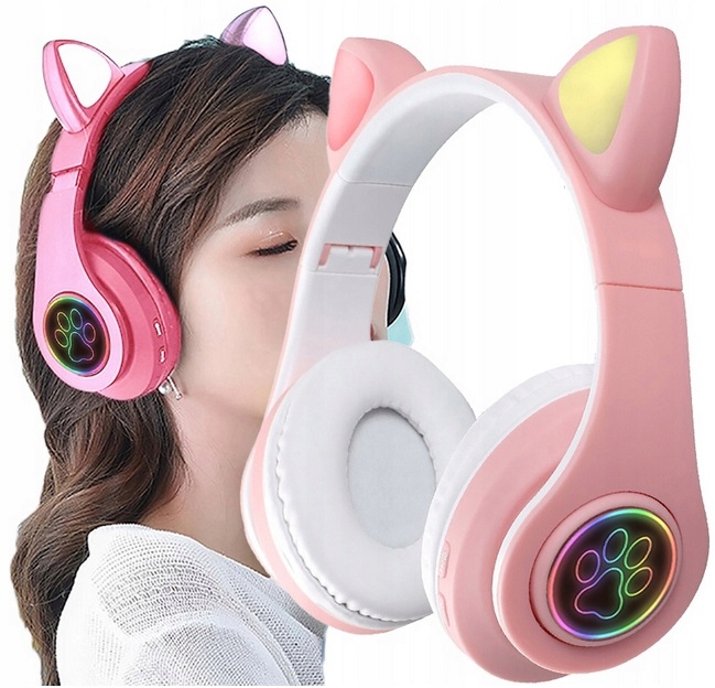 SŁUCHAWKI BEZPRZEWODOWE RÓŻOWE Bluetooth KOCIE USZY LED PINK Prezent