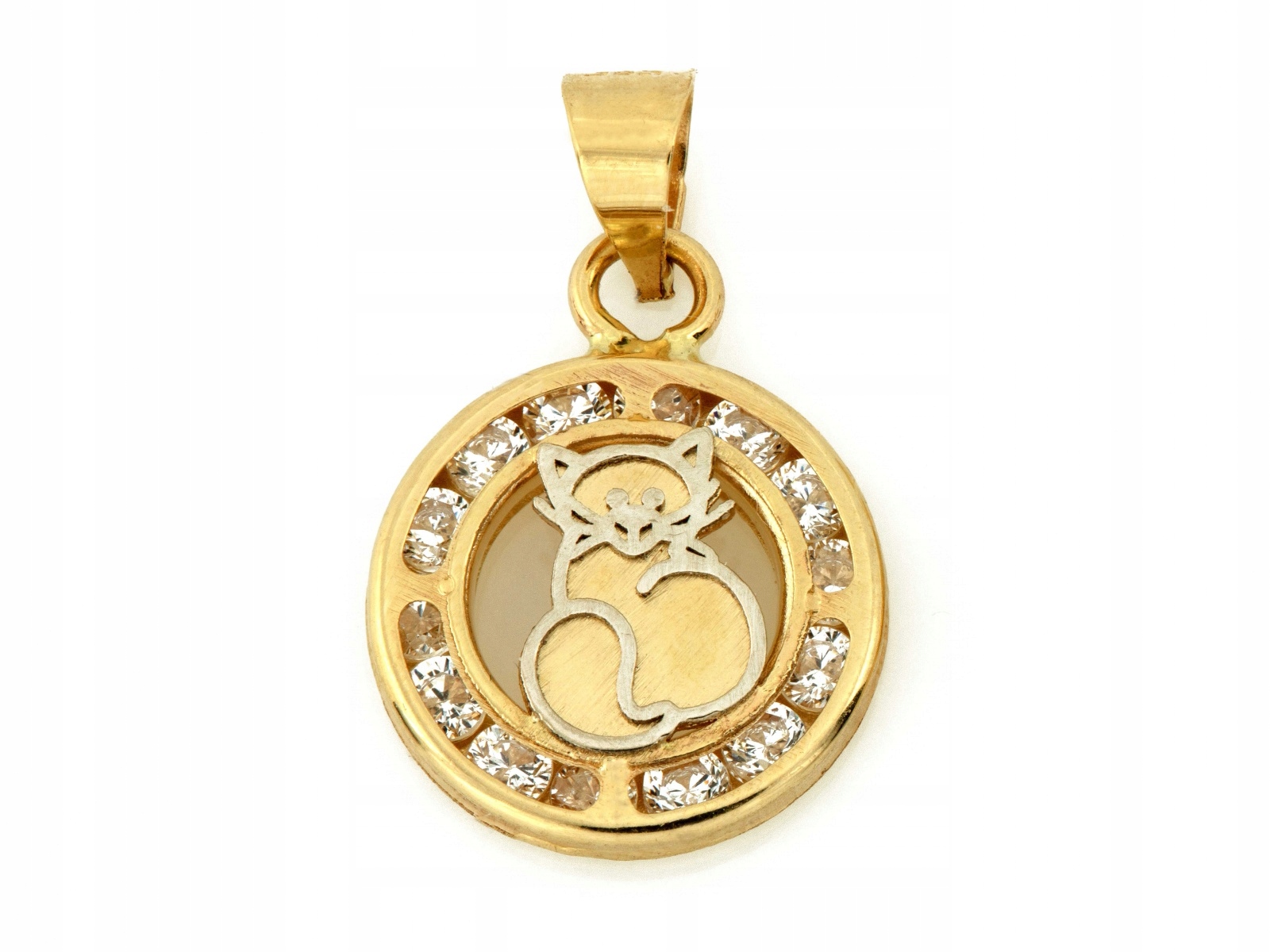 Přívěsek zlatý 585 malý kulatý s kočičkou a bílými zirkony 0.78 g
