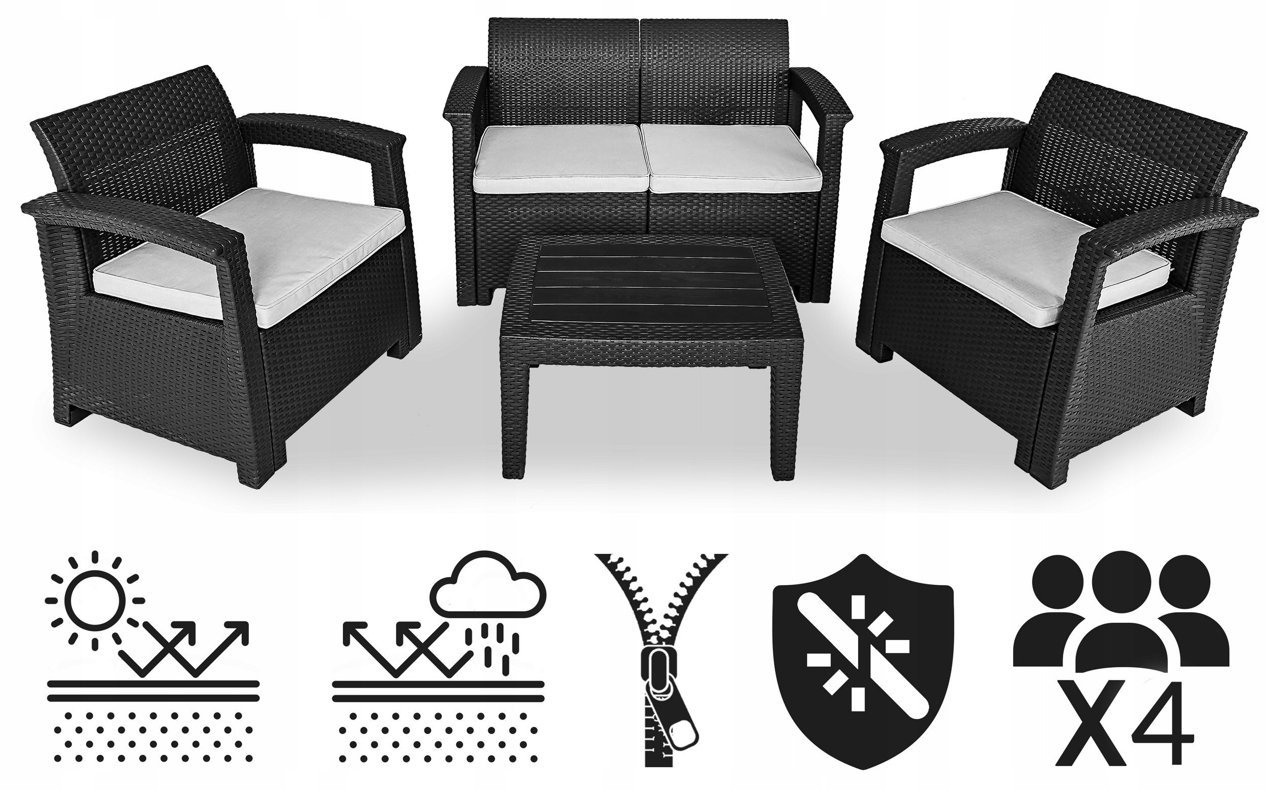 Zestaw MEBLI OGRODOWYCH SYDNEY meble taras balkon KOMPLET 4 os fotele stół Kolor czarny