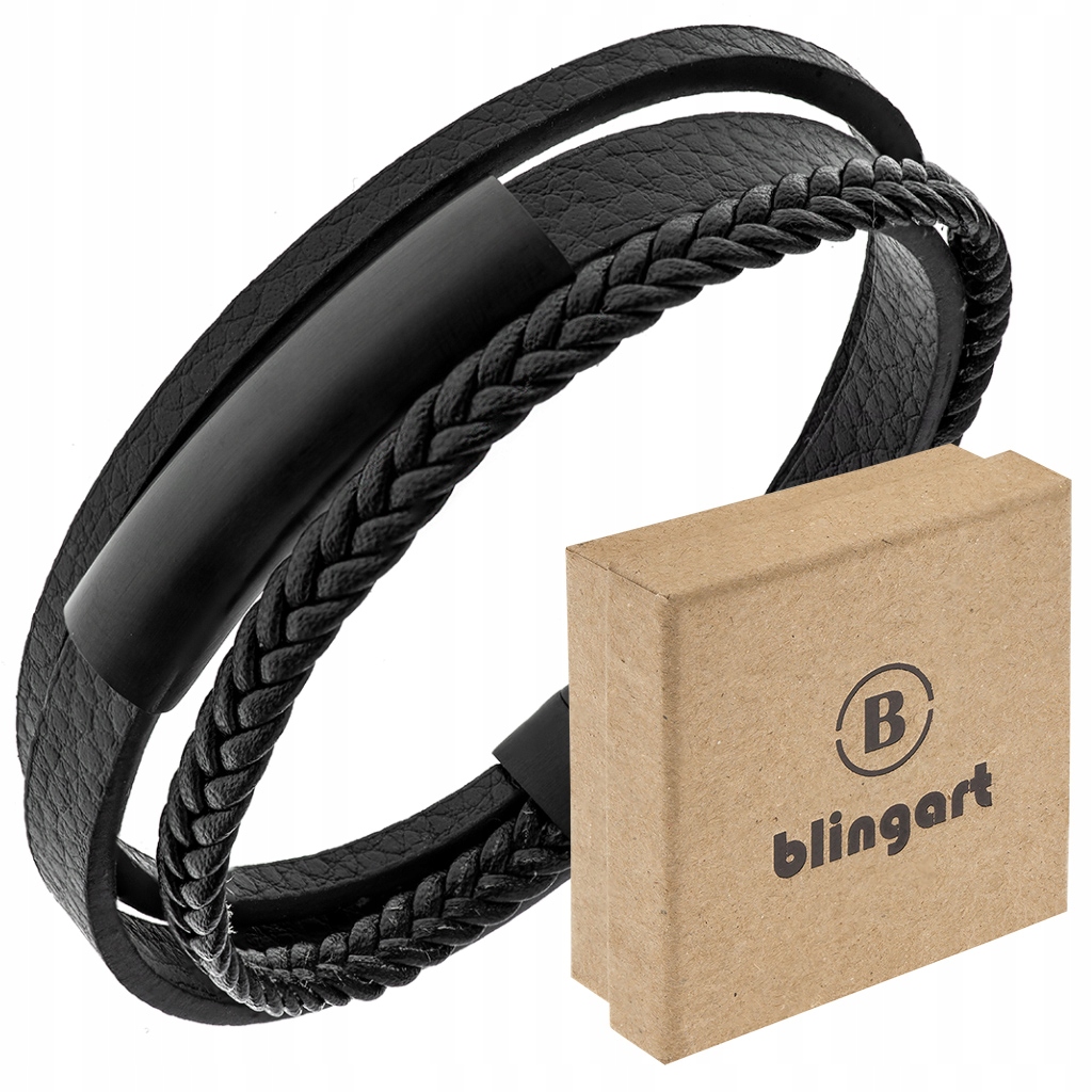 

Bransoletka męska skórzana Grawer czarna stal 316L