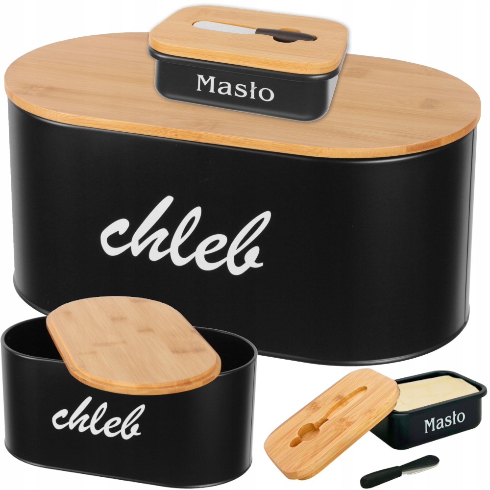 ZESTAW CHLEBAK METALOWY DREWNO POJEMNIK NA ŻYWNOŚĆ + DESKA MASELNICZKA NÓŻ