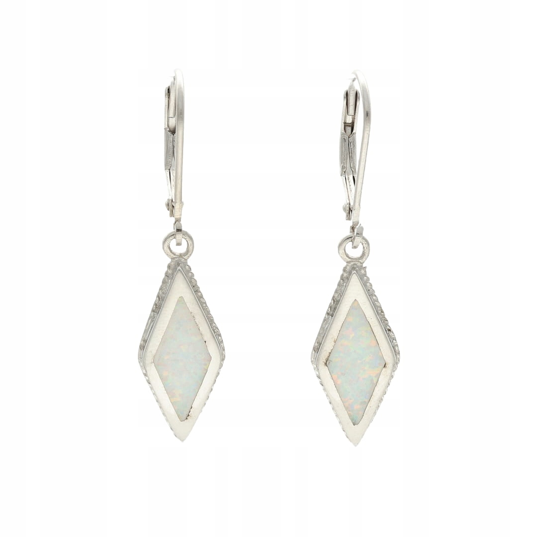 Náušnice z romby s bílým opálem, stříbro, rhodiované