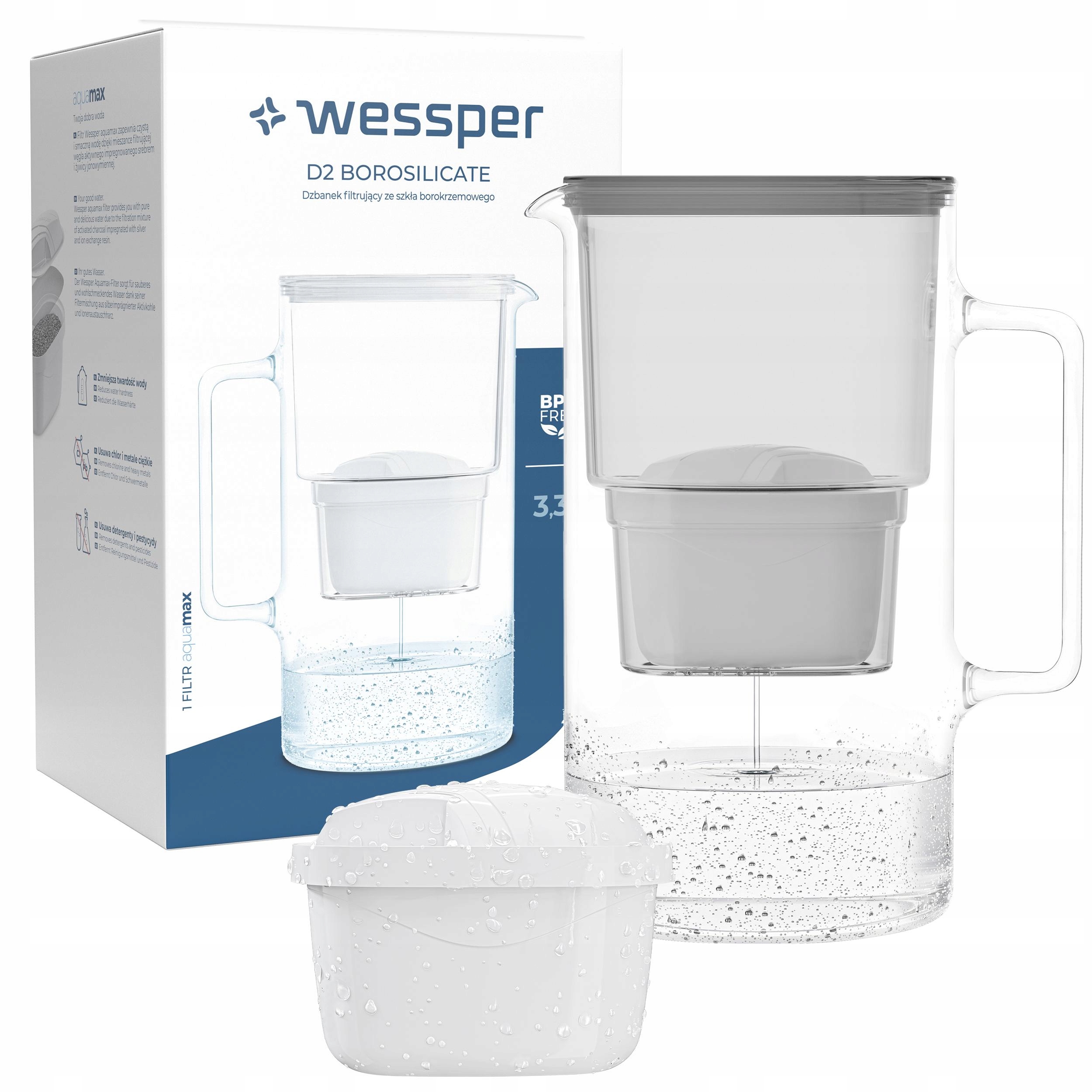 DZBANEK SZKLANY WESSPER D2 BOROSILICATE 3l + 1x FILTR WKŁAD WODY AQUAFLOOW