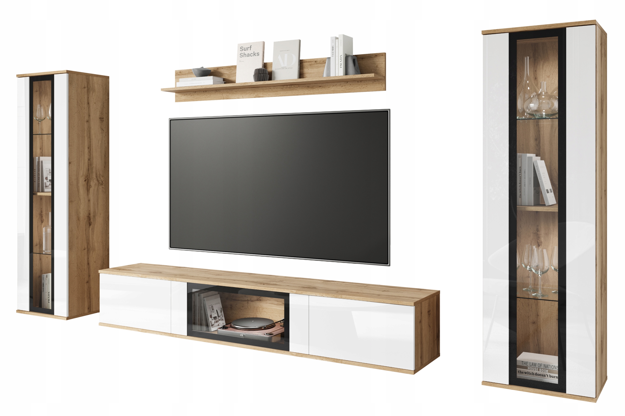 Nábytková Stěna do obývacího pokoje s 2 vitrínami a Rtv skříňkou 180 wotan/bílý lesk s Led