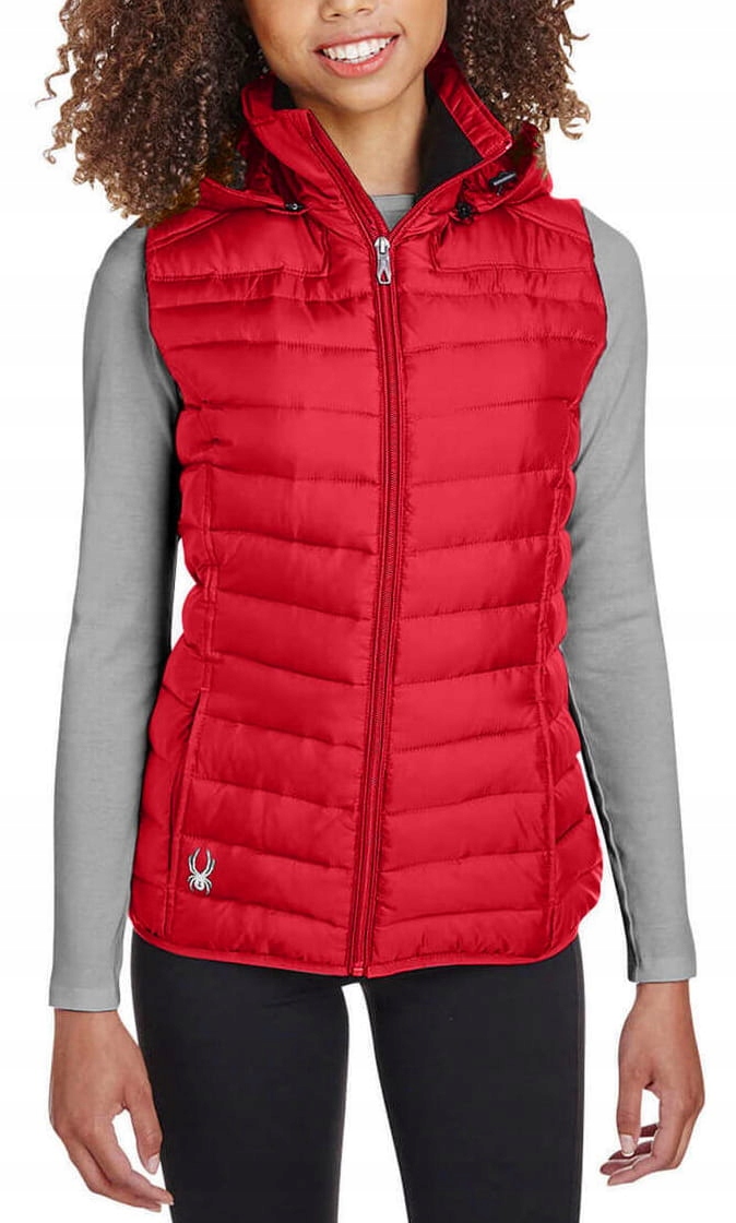 Spyder dámská prošívaná péřová vesta sportovní s kapucí červená S
