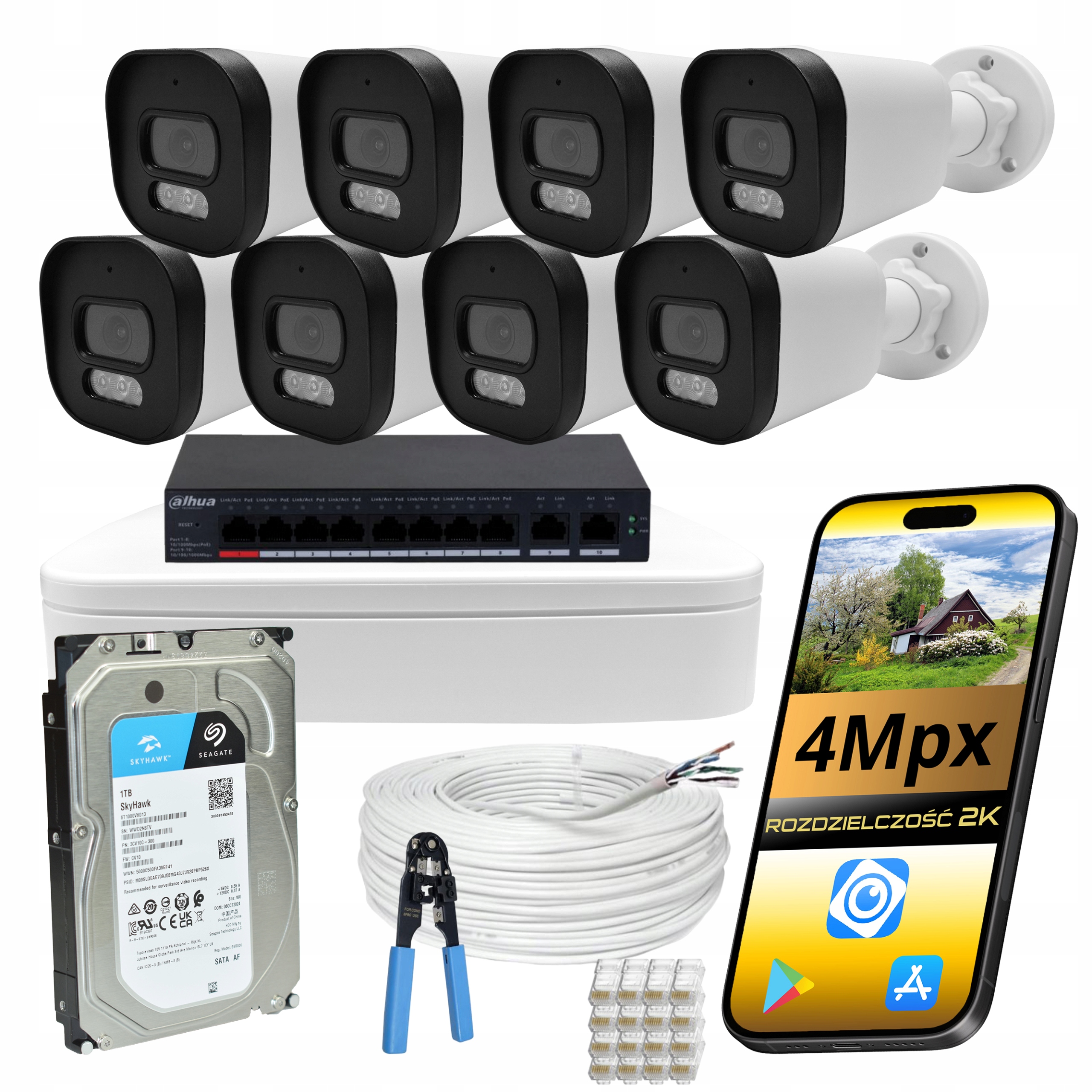 Sada Pro Monitorování Dahua 8 Kamer 4MPX Ip PoE Barevný Obraz V Noci Disk