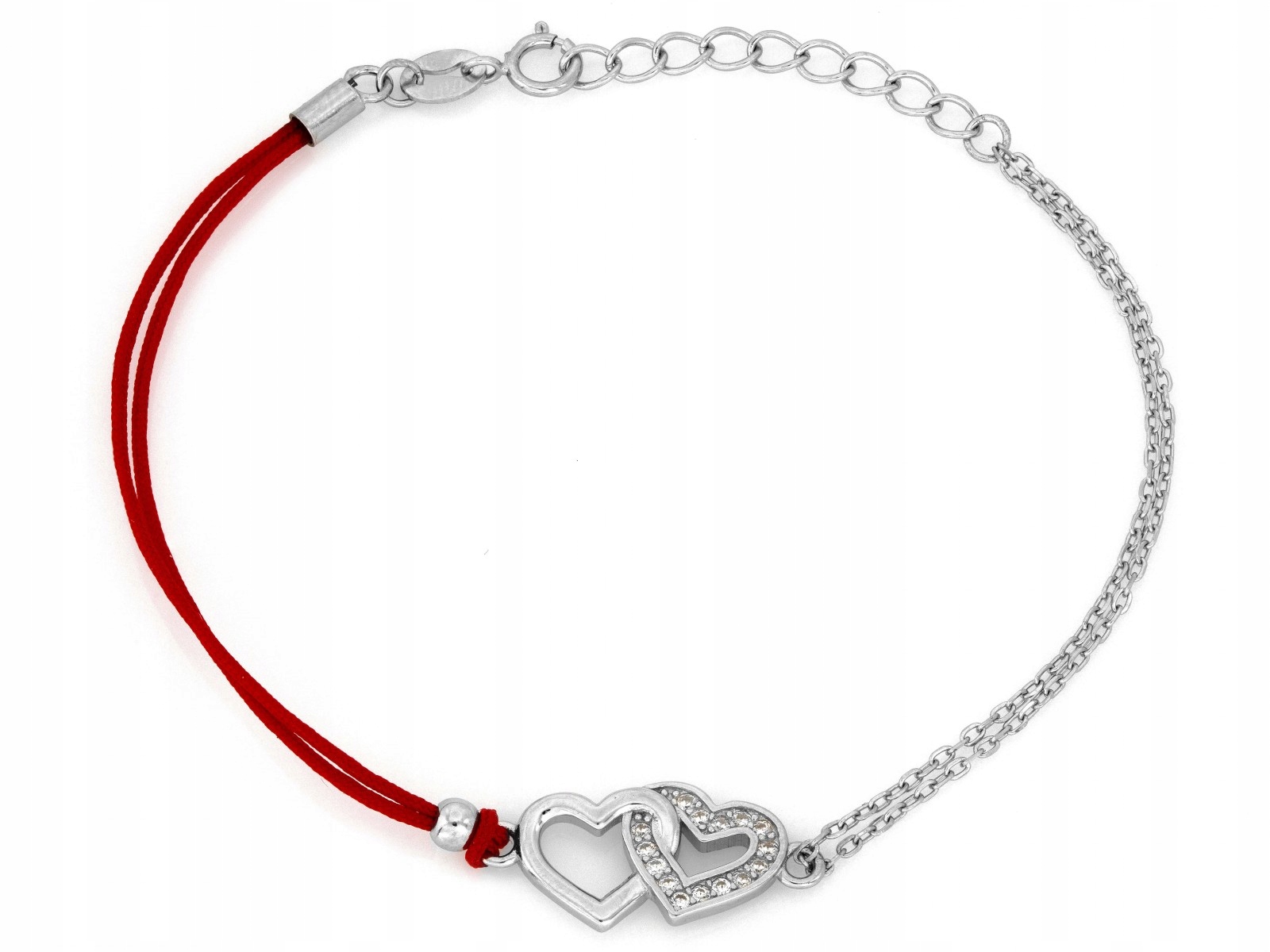 Stříbrný náramek 925, dvě srdce, červený provázek, váha 1.96 g velikost 18