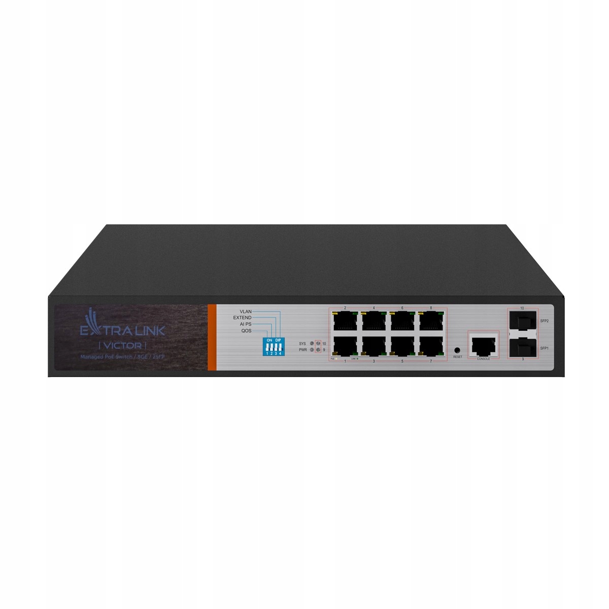 Extralink VICTOR Switch PoE 8x Gigabit PoE/PoE+, 2x SFP, 1x Port Konsolowy, Producent Extralink