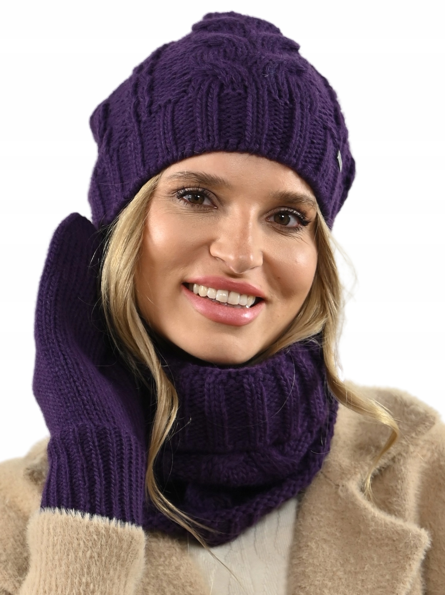 Módní zimní sada Polský dámská Čepice Klobouk, Nákrčník , Rukavice Fialová