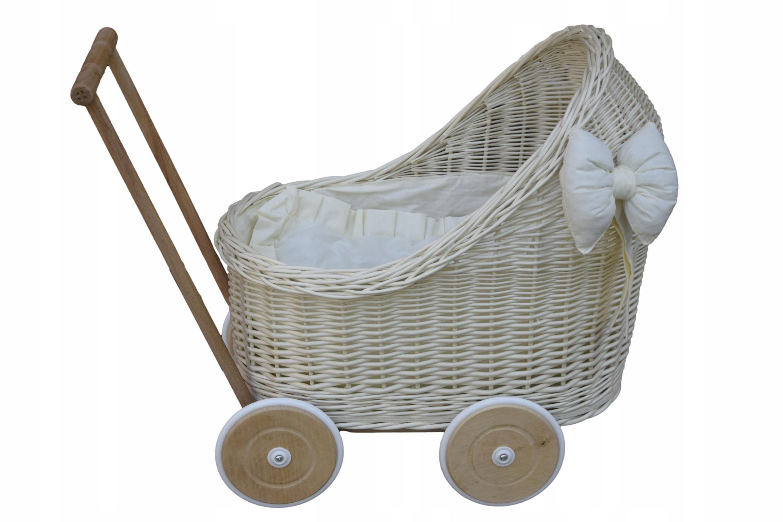 BIAŁY WÓZEK wiklinowy dla lalek z kołdrą ecru Kod producenta 4_WW_0041