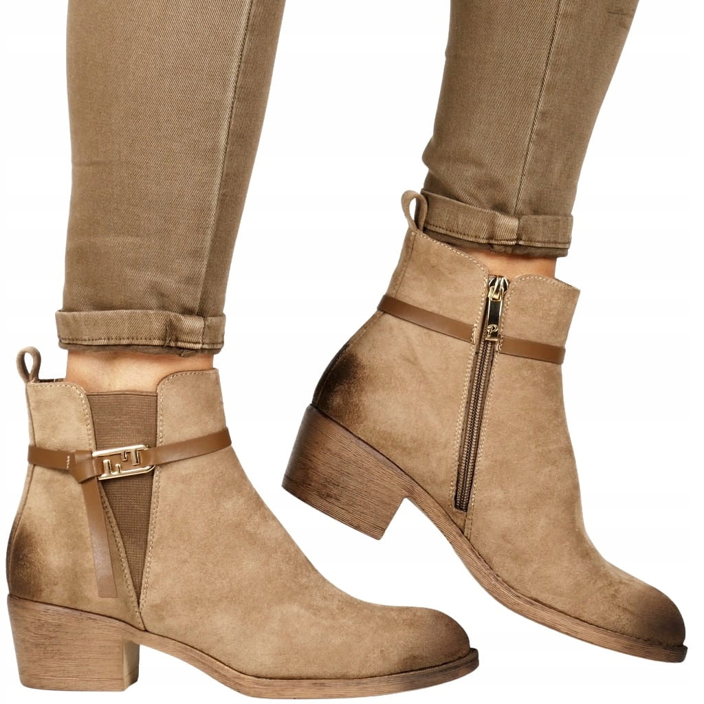 Béžové Semišové Kotníkové Boty Kovbojské Boty Na Nízkém Podpatku, Elegantní A Bestseller