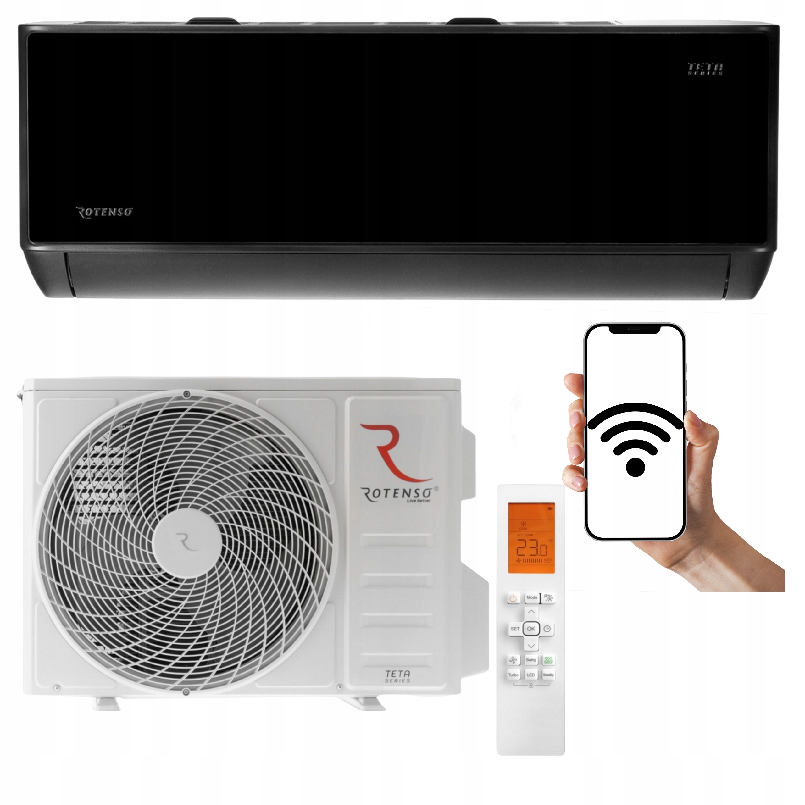 Nástenný klimatizátor Rotenso Teta Mirror Čierny 3.5 kW 40 m2 WiFi Ohrievač