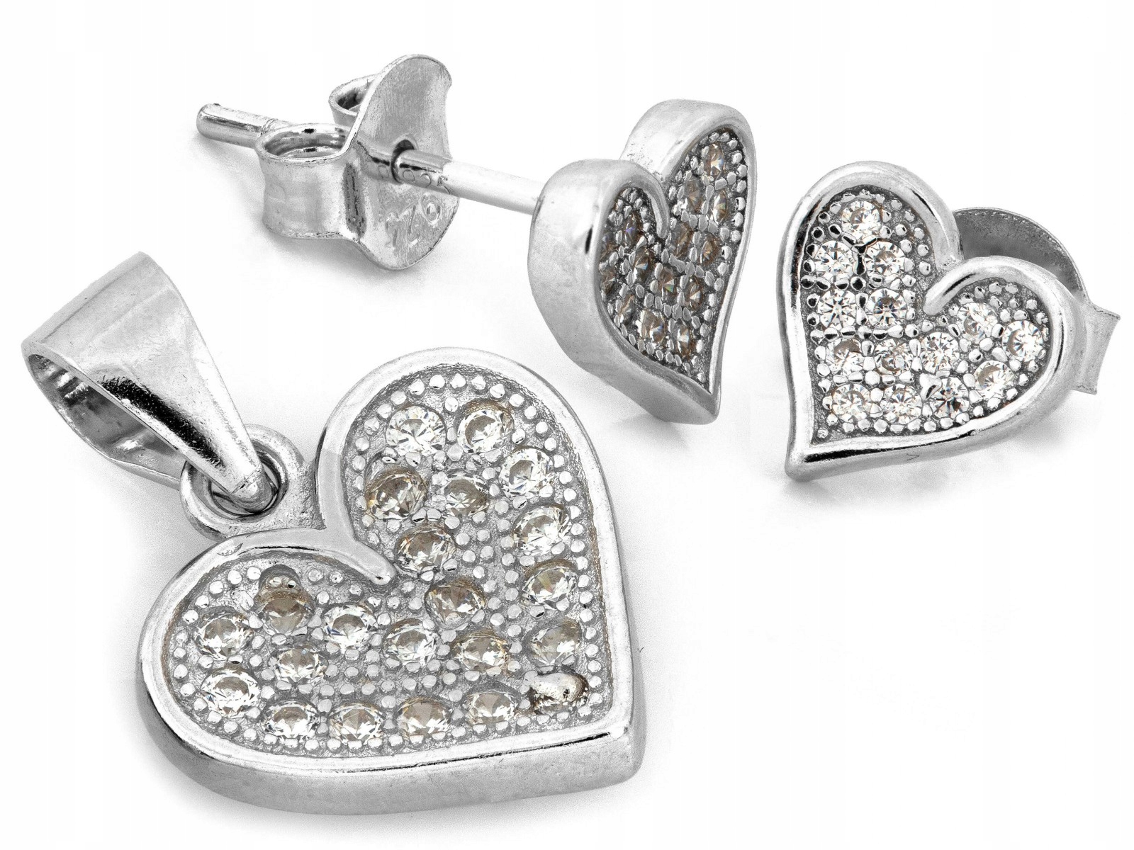 Stříbrný komplet se srdcem a zirkony, 925 2.49 g, náušnice a módní přívěsek