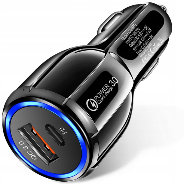 SZYBKA ŁADOWARKA SAMOCHODOWA USB-C + USB PD QC