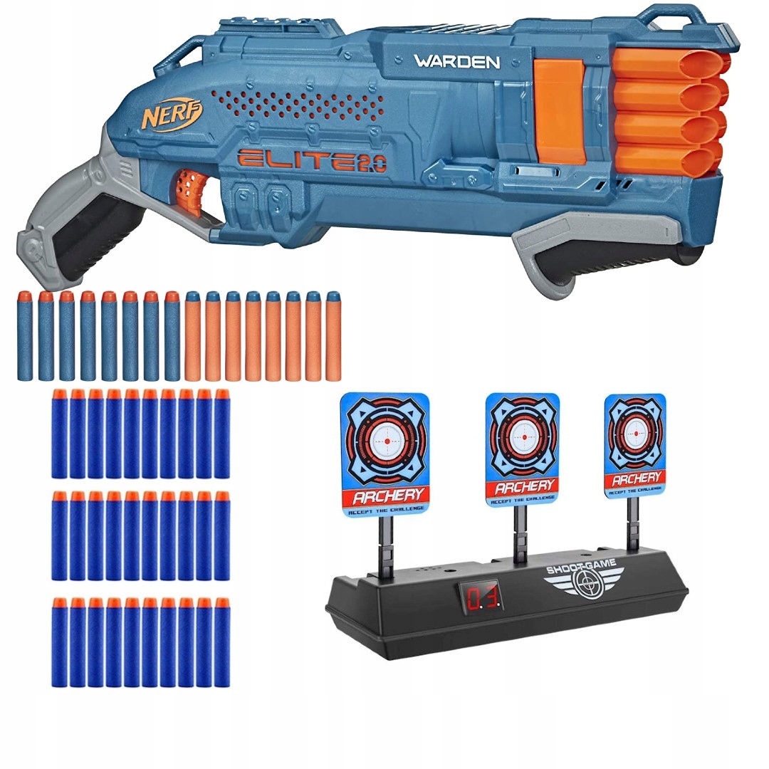 NERF PISTOLET ELITE 2.0 ZESTAW WARDEN DB-8 +ELEKTRONICZNA TARCZA +STRZAŁKI