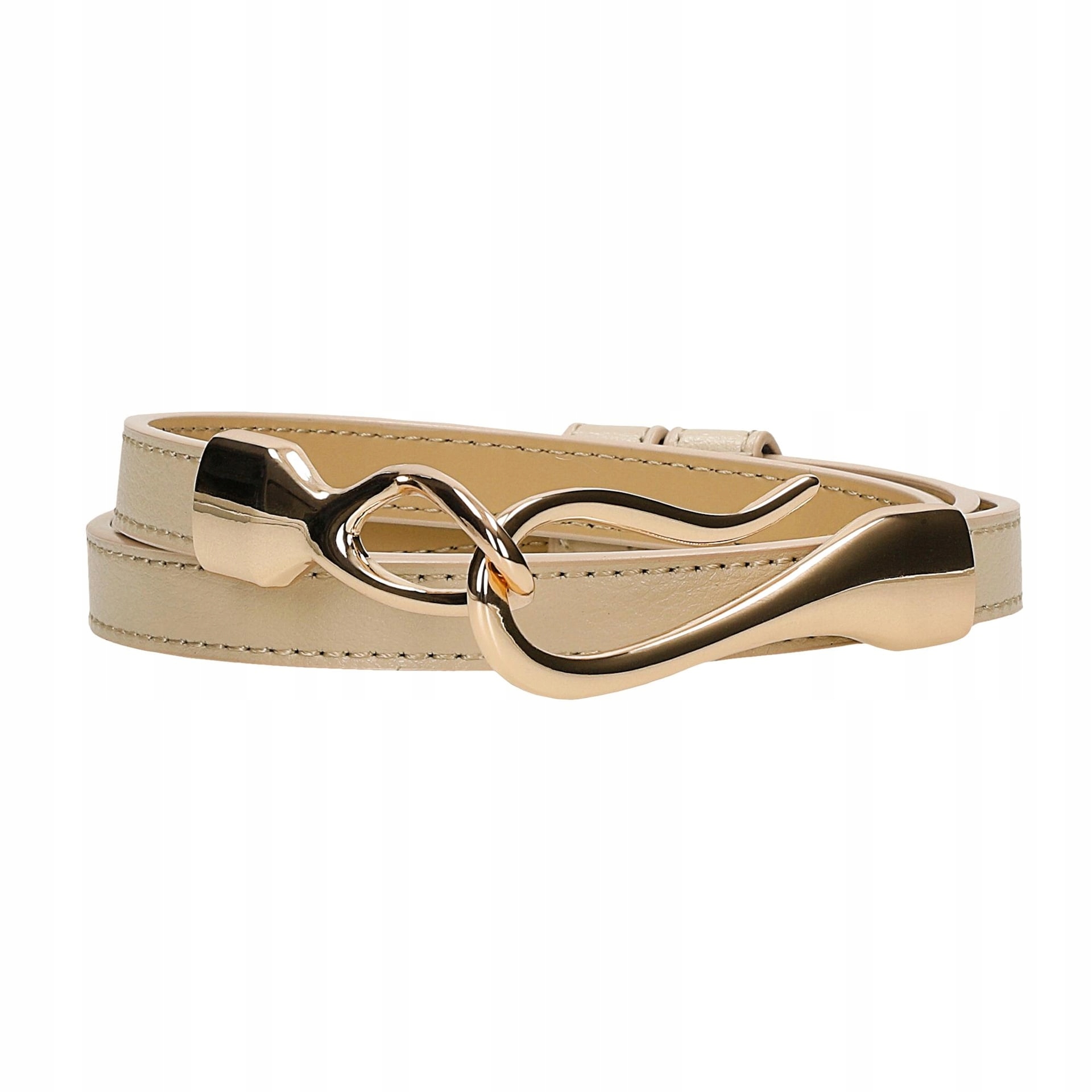 Beżowy skórzany pasek damski ze złotą klamrą r. 90