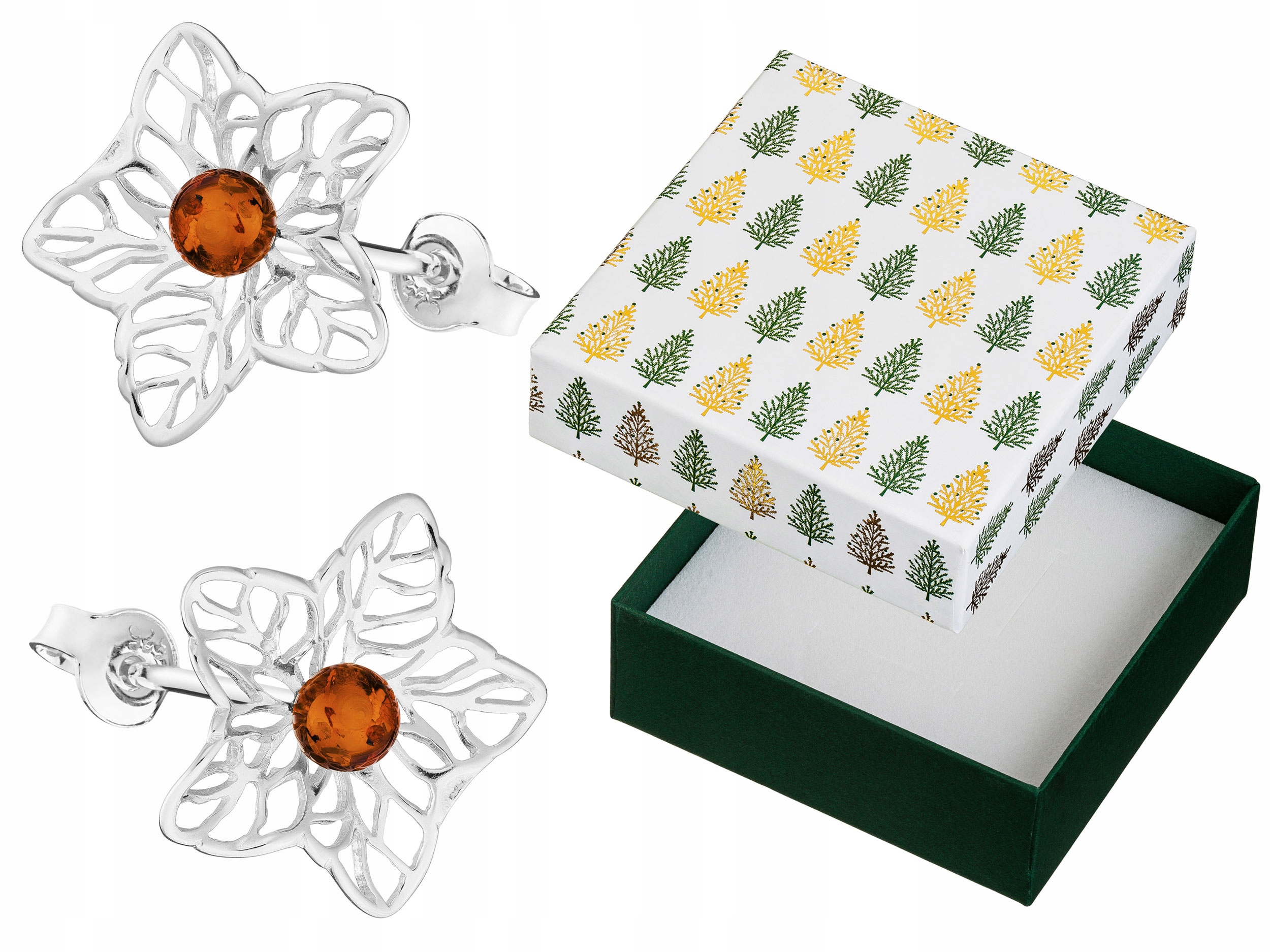 Stříbrné Náušnice Šroubky Květiny s jantarem Ažurové Květiny Tužka Stříbro