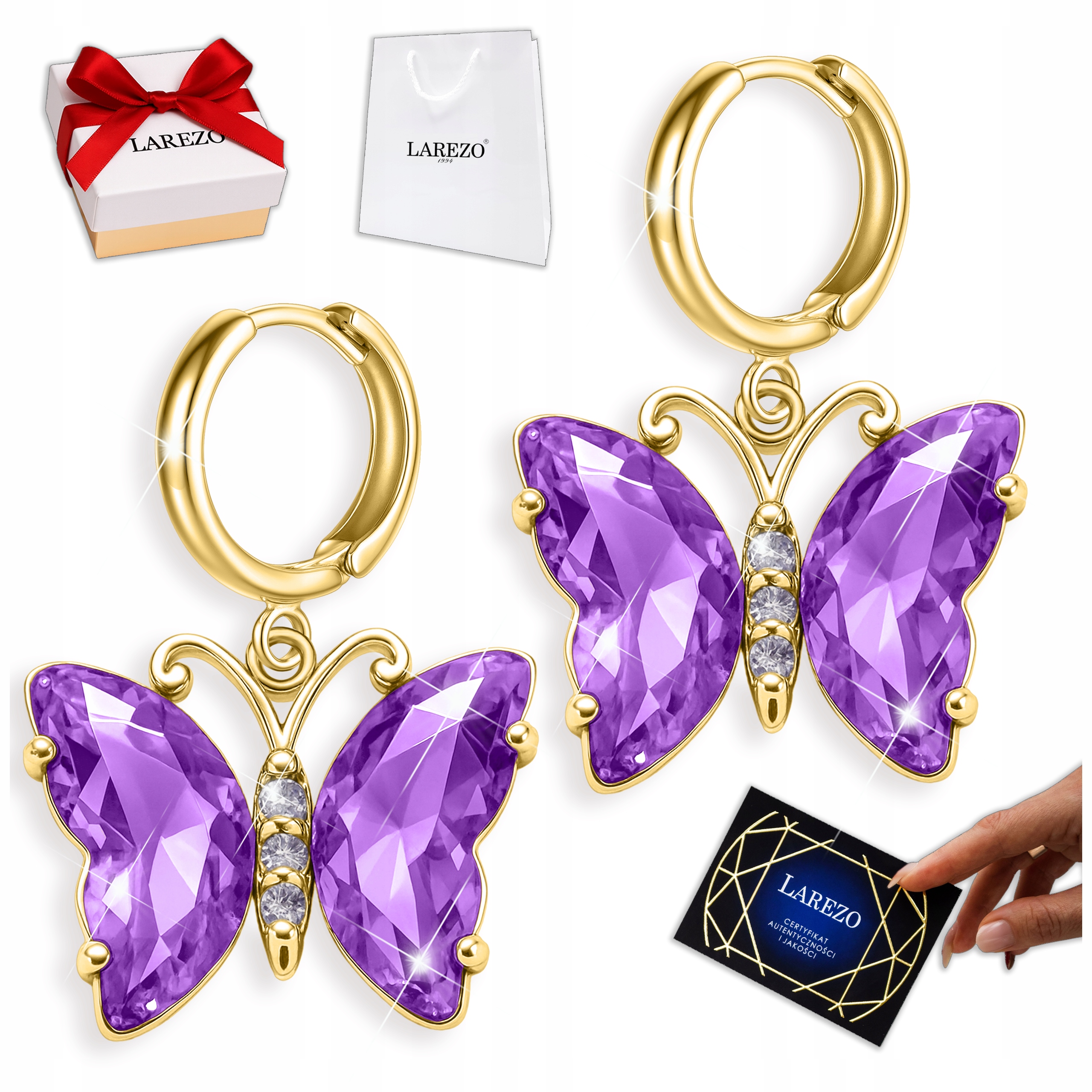 Zlaté Náušnice s Motýlky 585 Velké Fialové Křišťálové Motýli Srerbo 925