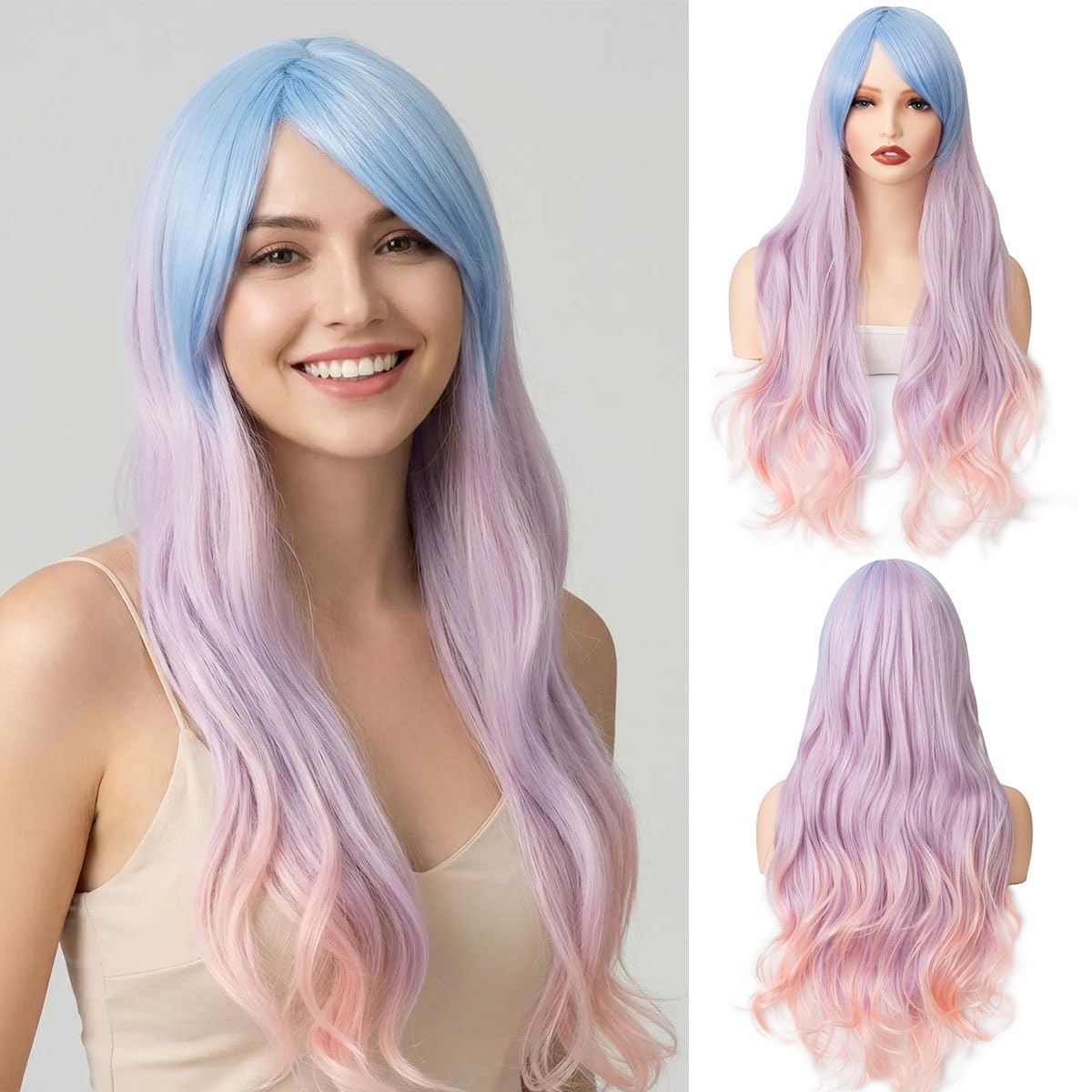 Paruka Ombre Modro-růžově fialová s hřívou 70 cm