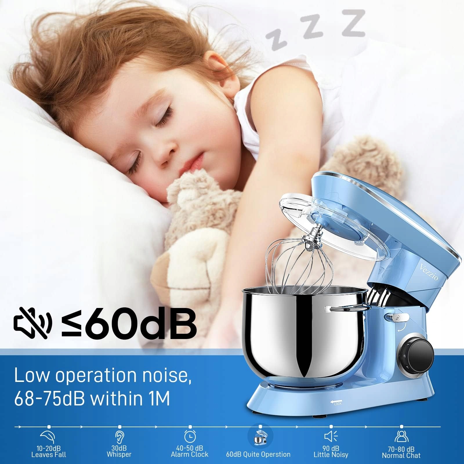 VEZZIO Robot Kuchenny 1500W Cicha Praca 10 Prędkości Misa 8.5L Niebieski — miniatura 6
