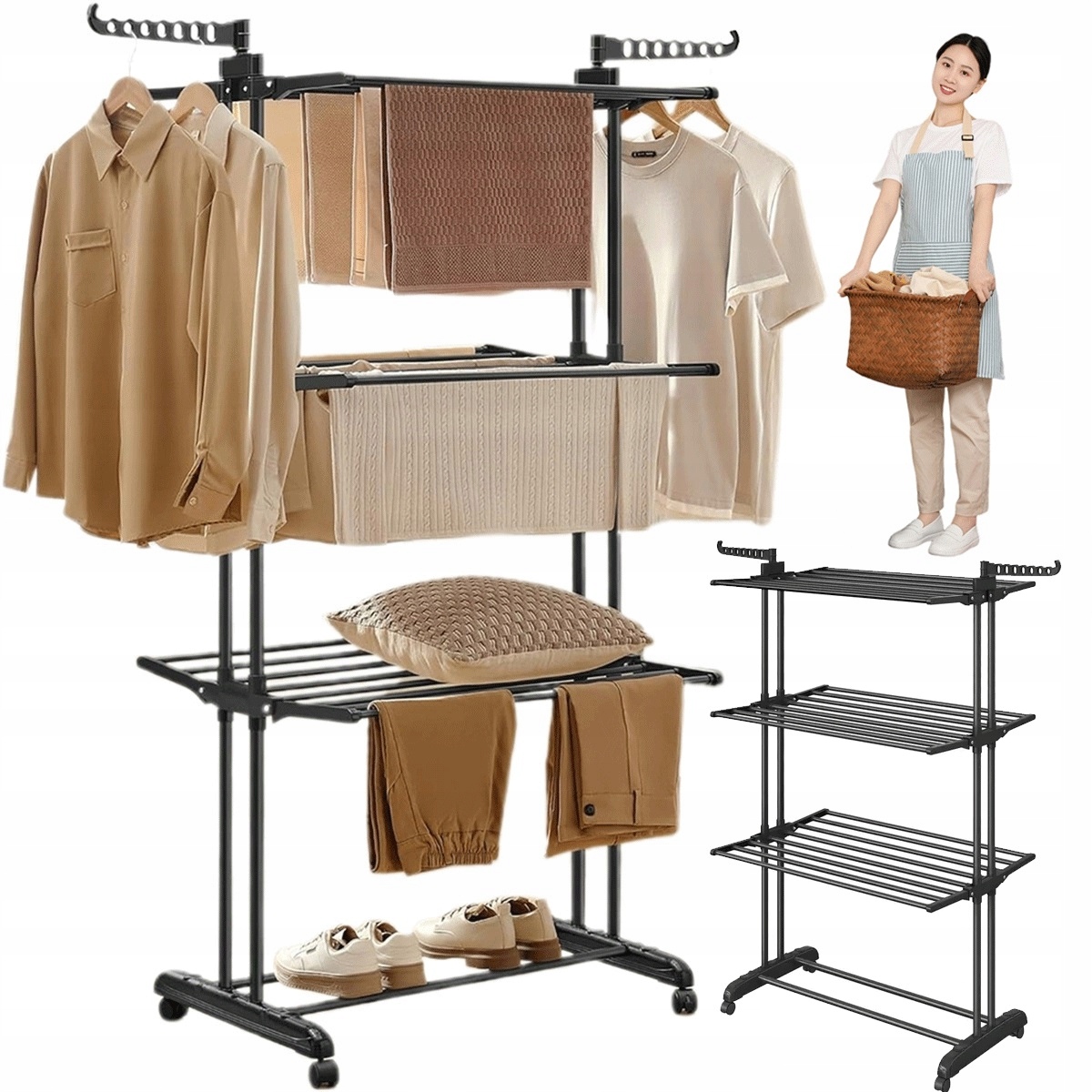 4-úrovňový sušák na prádlo se 2 přídavnými kolejnicemi a kolečky, černý