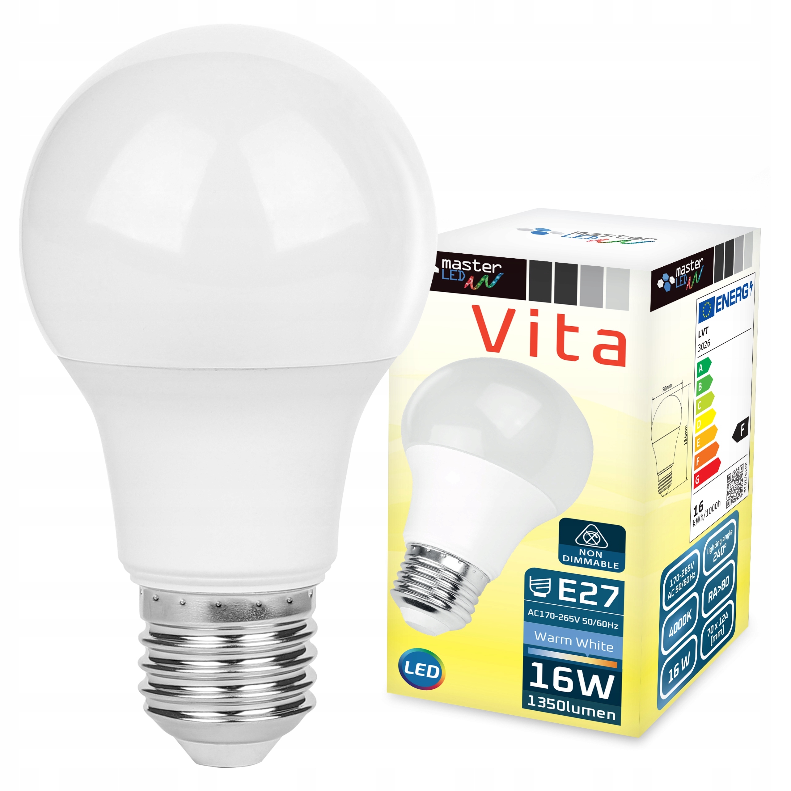 Led žiarovka E27 16W neutrálna biela 4000K 1350lm guľa A60 230V