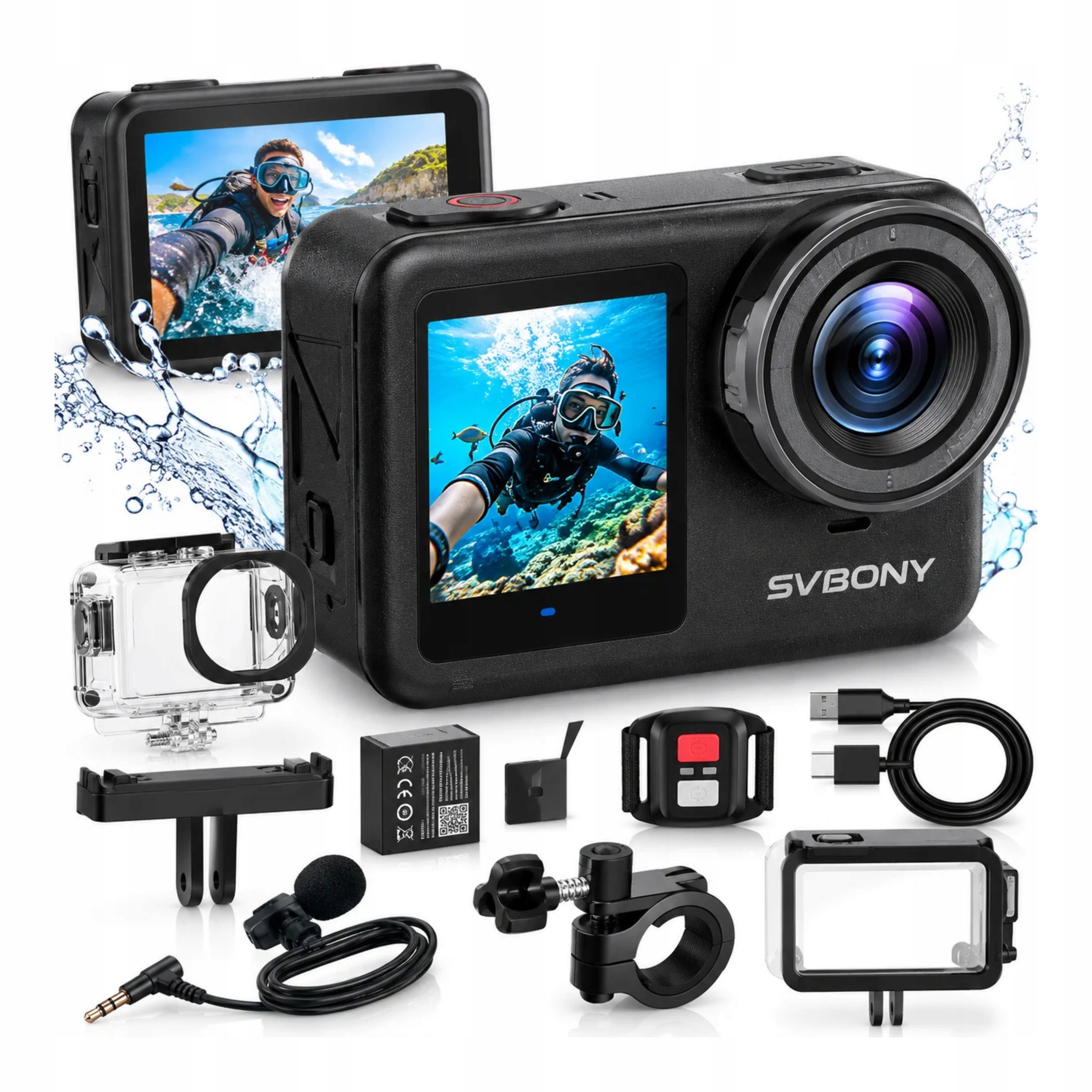 Sportovní kamera 4K 30fps, voděodolné pouzdro do 30 m, dvojitý displej, dálkové ovládání