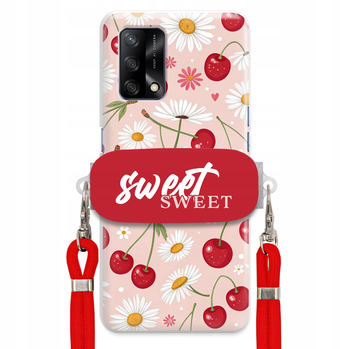 Puzdro pre Oppo A74 4G Červené vodítko Crossbody držiak Sweet Kvet čerešne