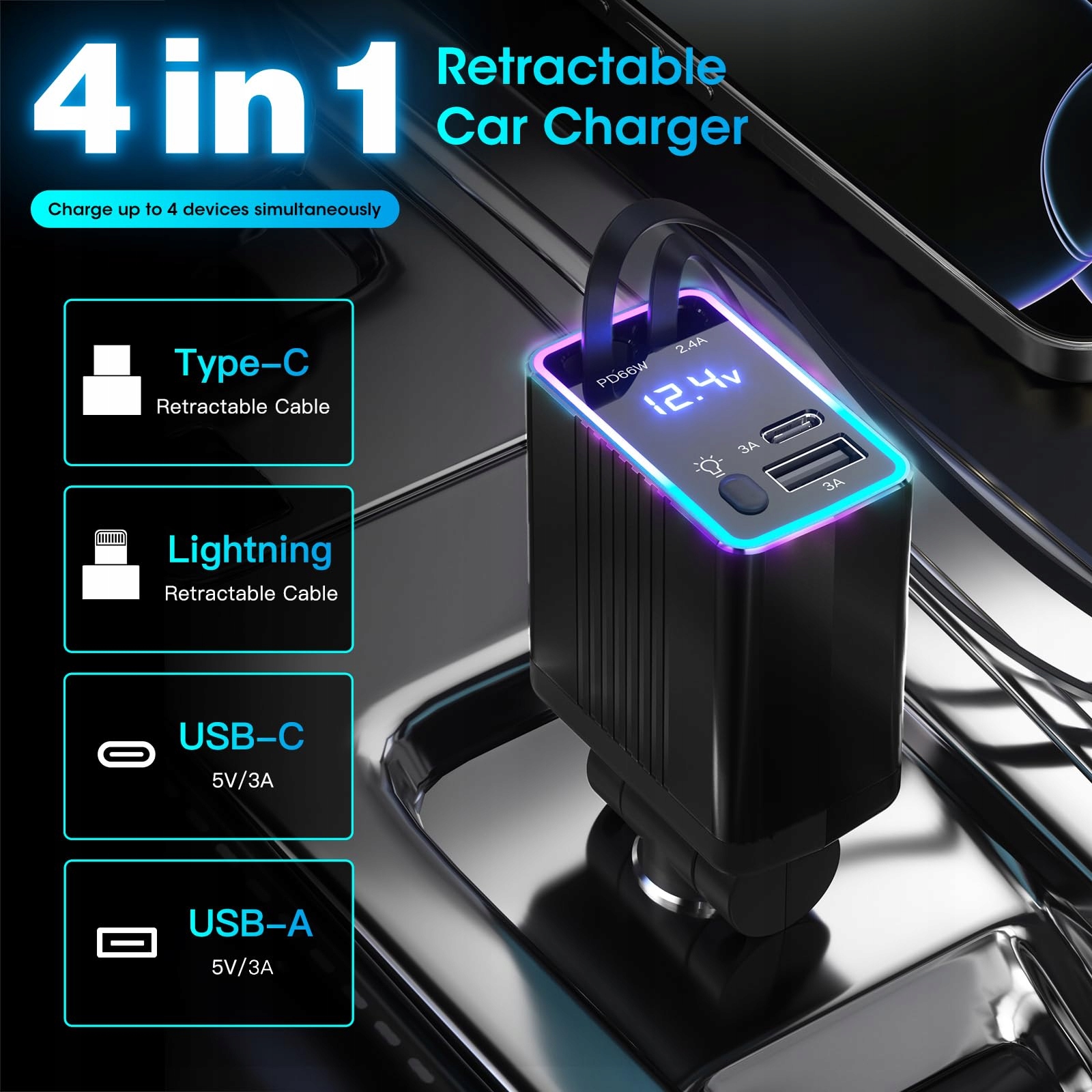 massway Zapalniczka samochodowa USB C 120 W, wysuwana ładowarka samochodowa — miniatura 2